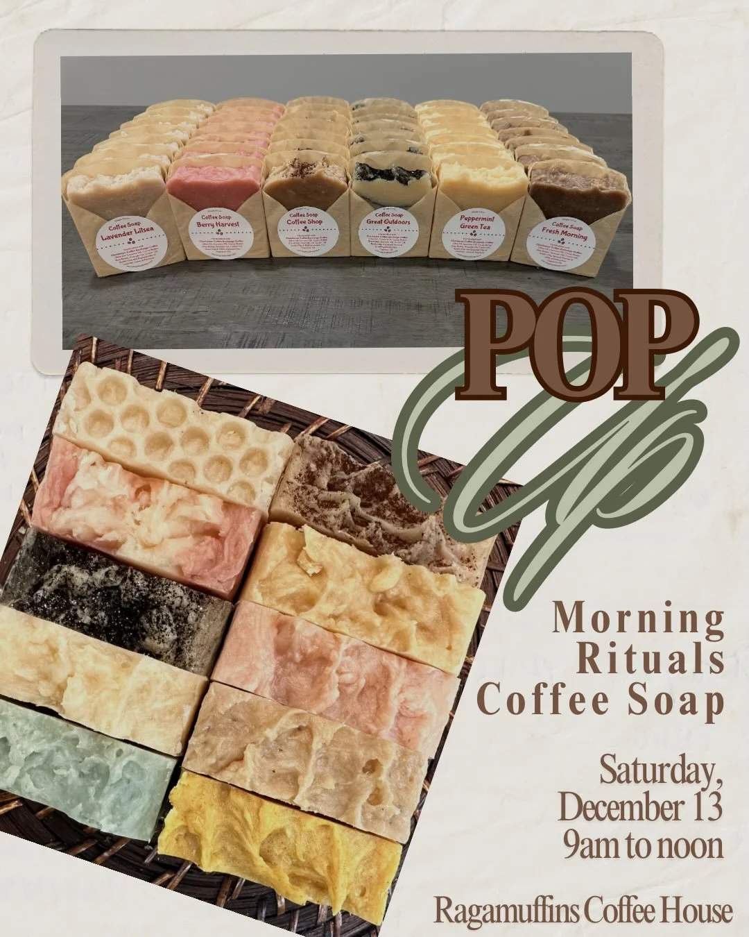 Shop local, stay caffeinated, and get some shopping checked off your list! Tomorrow will feature 2 Pop Ups from local businesses and artists!
🧼 9am to noon Morning Rituals Coffee Soap will be here with handcrafted soaps!
🎨11am to 5pm Art Pop Up fea