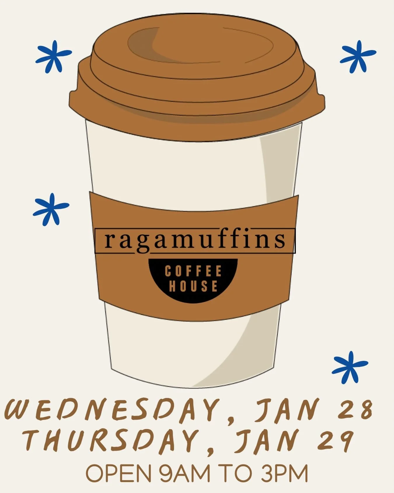 Ragamuffins will be open Wednesday and Thursday from 9am to 3pm! Spots and lots and sidewalks are slowly becoming more accessible. Break the cabin fever with some fresh air, expertly crafted espresso, and a great place to relax that looks a little di