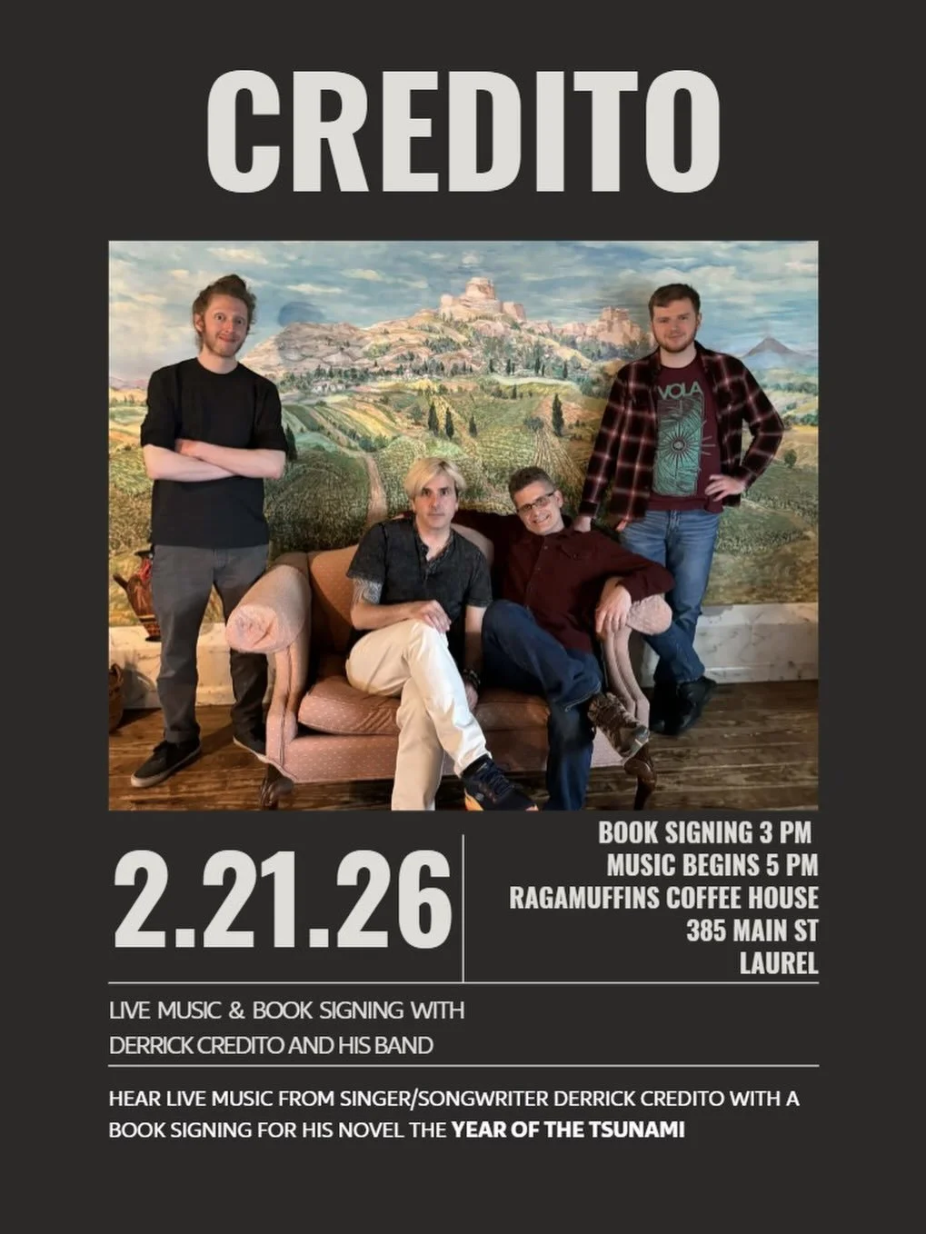 Tomorrow Derrick Credito will be signing his novel "The Year of the Tsunami" at 3pm in the
Community Room, followed by a performance with his band, Credito, at 5pm!