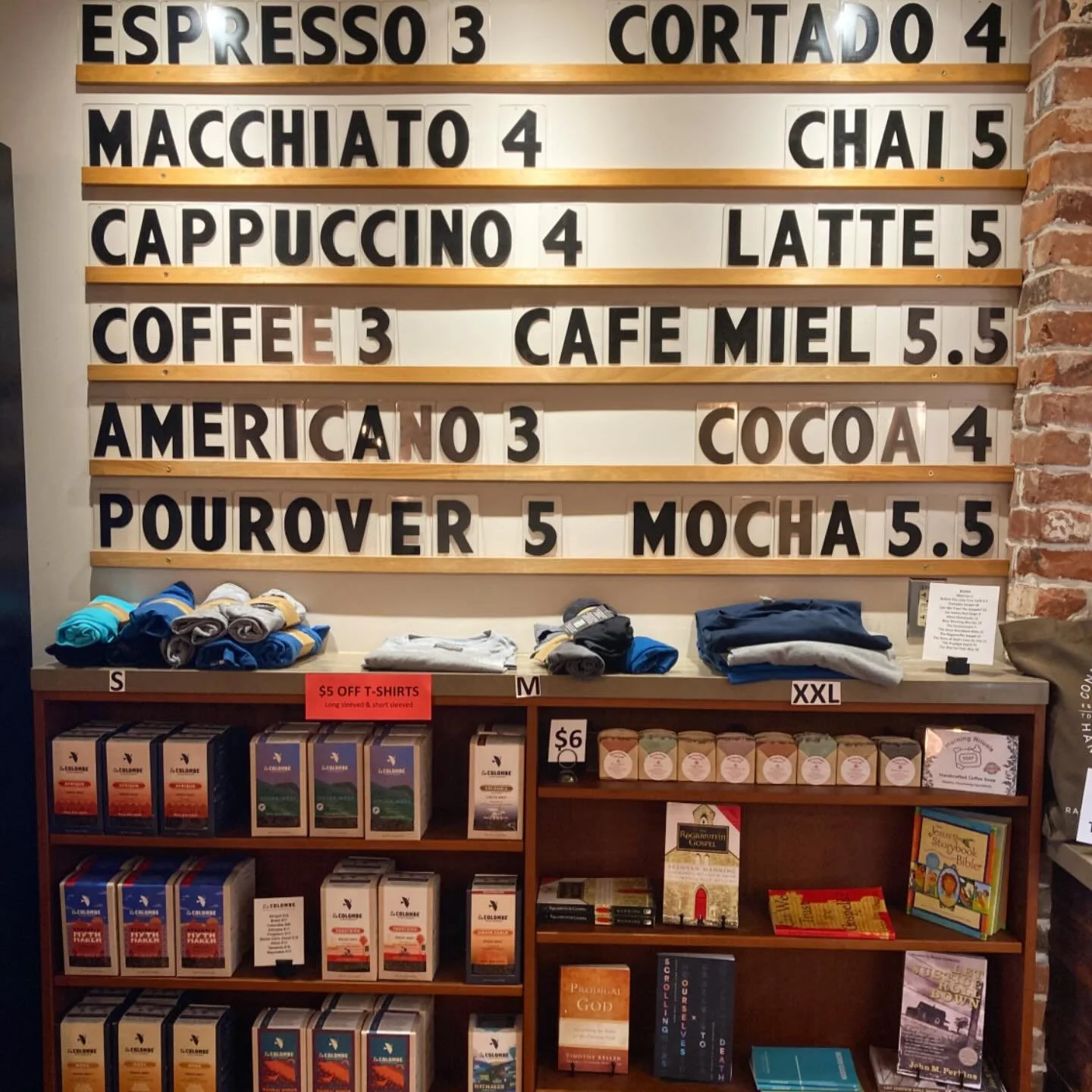 ✔️Espresso drinks
✔️Coffee beans
✔️Coffee soap
✔️Books
✔️$5 OFF T-SHIRTS!!!!! 👕👕👕👕👕