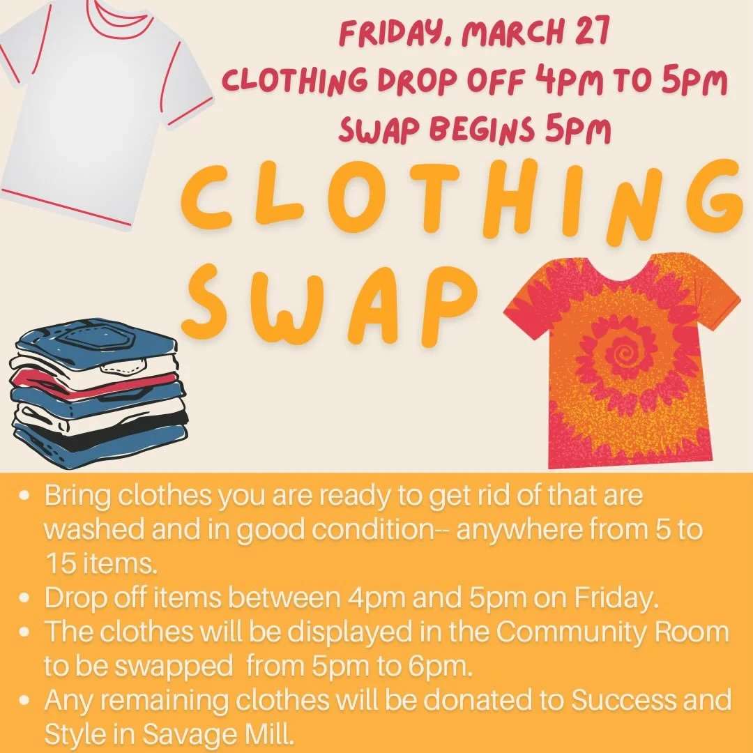 👚👚Swap 'til you drop! 👖👖Ragamuffins is hosting a Clothing Swap on Friday at 5pm! Drop off 5-15 items of clean clothes in good condition between 4pm and 5pm in the Community Room, grab a coffee, and come back at 5pm to go swapping!
#laurelmd #clot