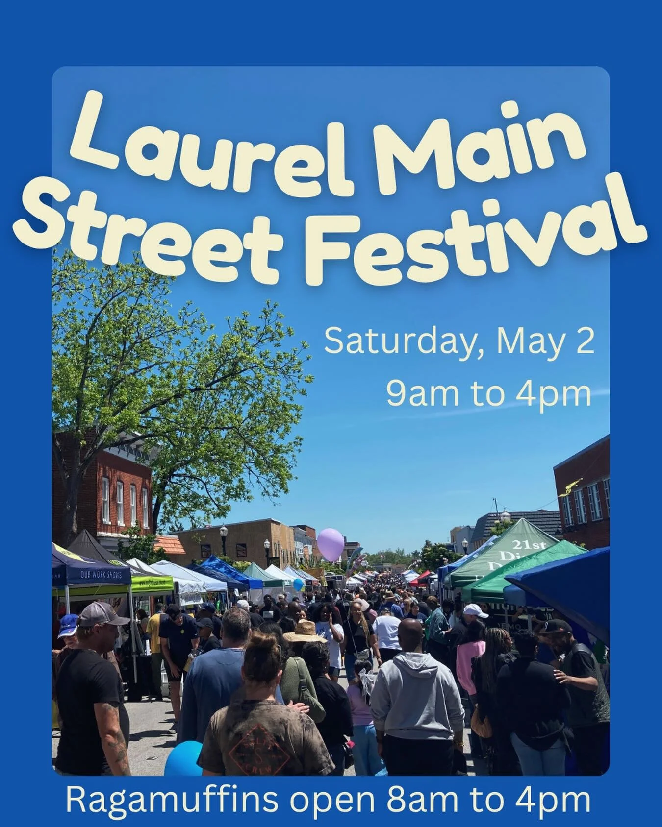 Main Street Festival is Saturday, May 2! The festival begins with a parade at 9am, and concludes at 4pm. Ragamuffins will be open 8am to 4pm. Enjoy vendors, food, a live DJ, and support local businesses! Main Street will be closed to traffic for the 