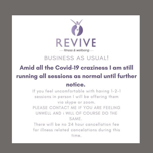 I am still running all classes and 1-2-1 sessions as normal until further notice. I am also offering the option of online 1-2-1 sessions for those of you that would prefer it. Please make me aware if you or a member of your family are feeling unwell 