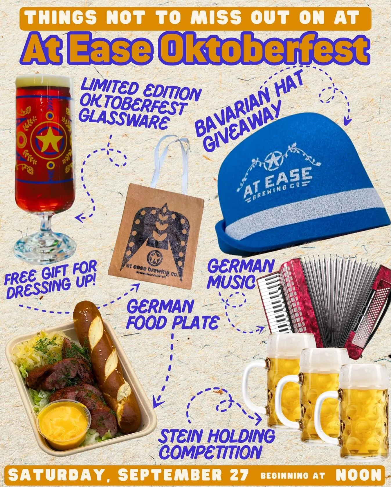 Oktoberfest At Ease is comin&rsquo; in hot. We&rsquo;ll kick things off on Saturday at noon! Here&rsquo;s the line up:

🔹 FREE Bavarian hat for the fist 100 guests
◻️ special limited-edition glassware for you to keep (we have 120)
🔹 a new Festbier 