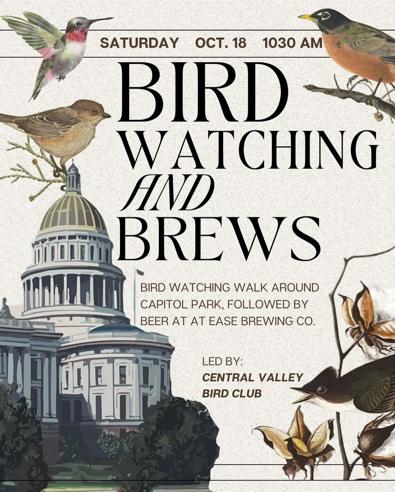 Join us and @cvbirds for a bird-watching adventure right in the neighborhood! This will be our last bird watching event of the year so make sure to check it out! 

We&rsquo;re kicking things off at the brewery on Saturday, October 18, at 10:30 AM, be