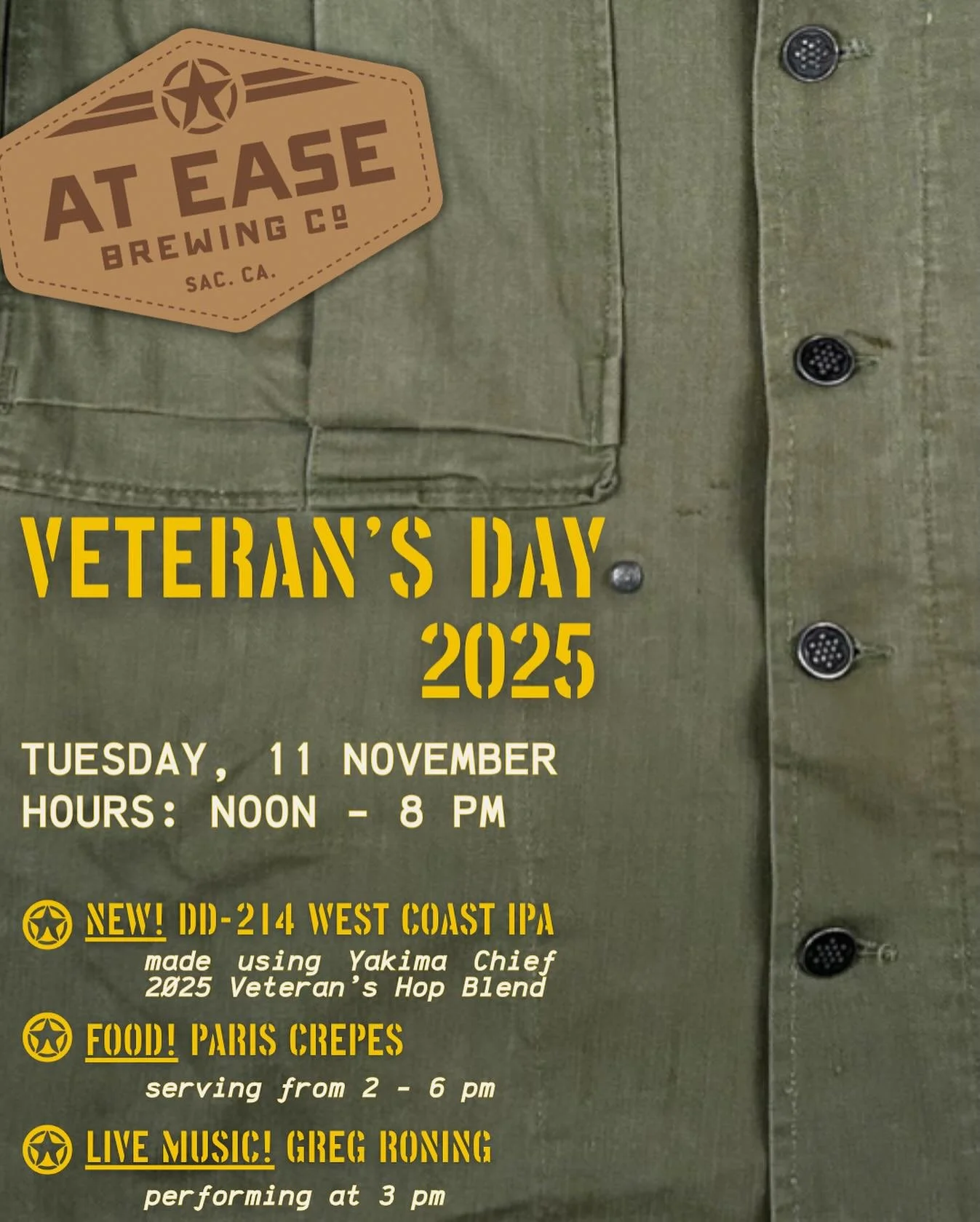 Guess what? We&rsquo;re going to be OPEN on a TUESDAY! We&rsquo;re going to be here slingin&rsquo; beer on Veterans Day - Tuesday, November 11. Whether you&rsquo;re a veteran, know one, or just want to raise a glass to those who have served - come ha
