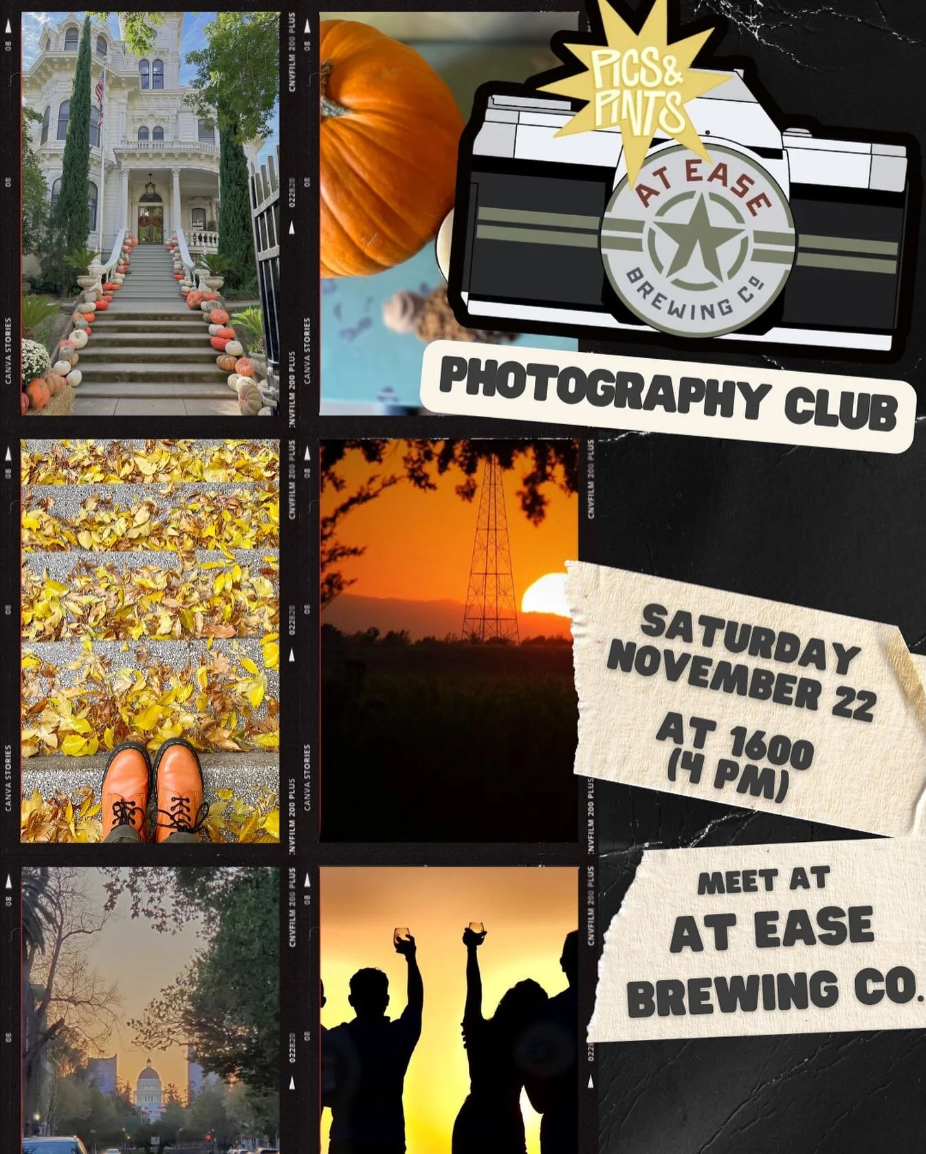 📸 Pics &amp; Pints &ndash; Photography Club Meet Up
Saturday, November 22
4:00 PM 
At Ease Brewing Co.

Join us for Pics &amp; Pints, our casual photography club - where picture-takin&rsquo; &amp; beer are equally celebrated.

We&rsquo;ll kick thing