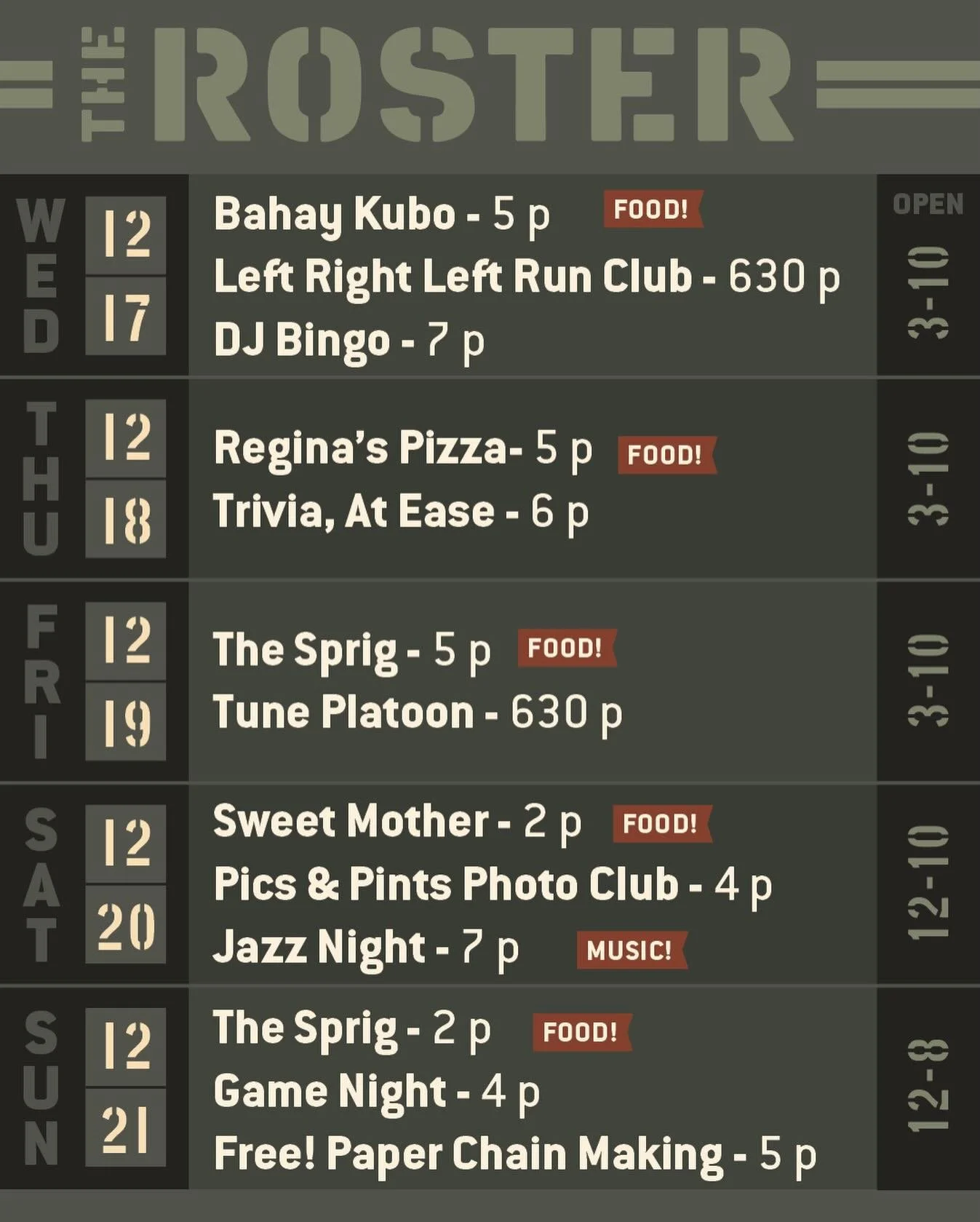 On Wednesday, we&rsquo;ve got our regularly scheduled @leftrightleftrun club at 630 pm and @djbingo at 7 pm. The run club will be doing a 5k loop around town - all skill levels welcome. Music bingo with @ncquiksnap is FREE, fun and there are prizes! 