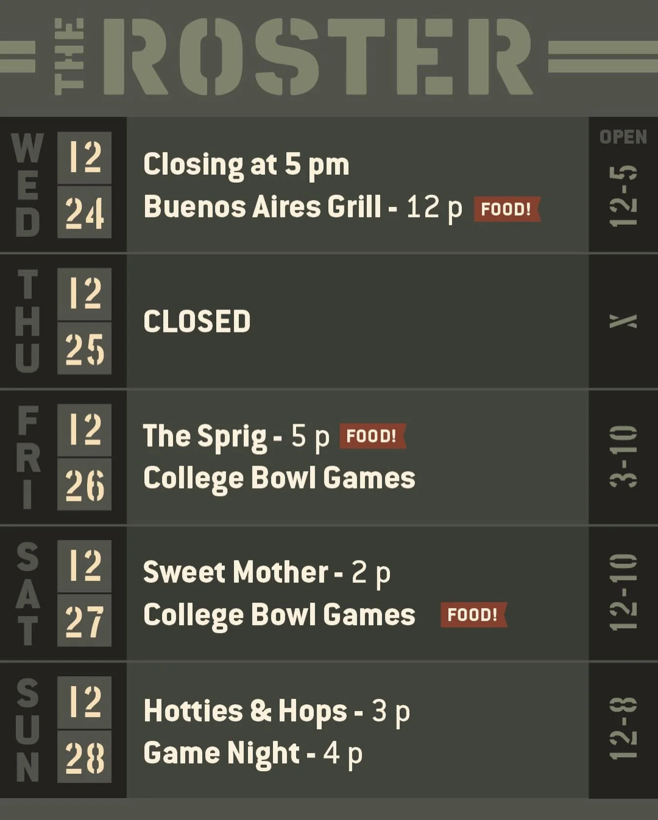 This week is always a chill one! It&rsquo;s a great time to come thru &amp; hang out. 

We&rsquo;ll be here for a few hours on Christmas Eve and we&rsquo;ll be closed on Christmas, but we&rsquo;ll be here regular hours the rest of the week. 

Wednesd