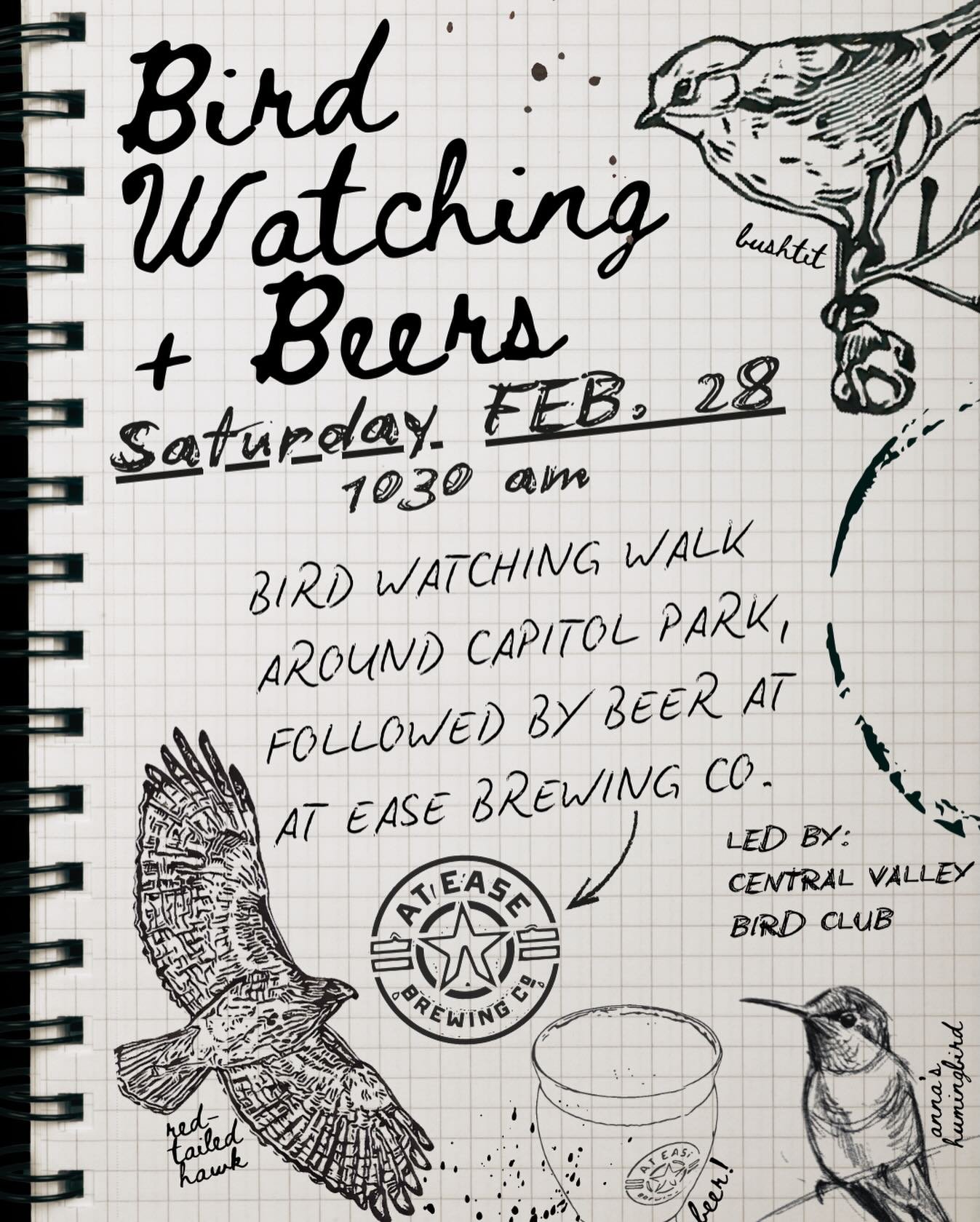 Join us and The Central Valley Bird Club for a bird-watching adventure right in the neighborhood!

We&rsquo;re kicking things off at the brewery on Saturday, February 28, at 10:30 AM, before taking a short stroll to Capitol Park to spot and learn abo