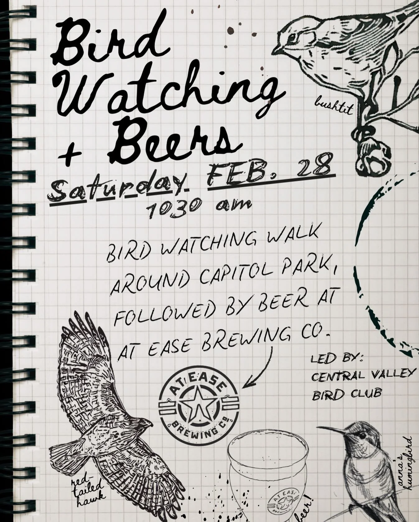 Join us and The Central Valley Bird Club for a bird-watching adventure right in the neighborhood!

We&rsquo;re kicking things off at the brewery on Saturday, February 28, at 10:30 AM, before taking a short stroll to Capitol Park to spot and learn abo