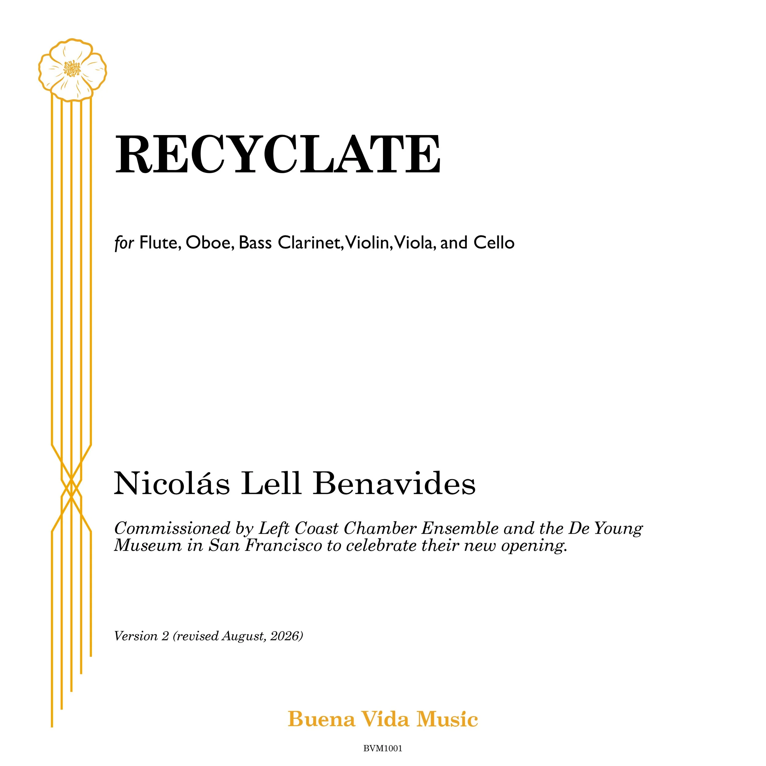 RECYCLATE (Benavides) Score + Parts (PDF) for chamber ensemble (2015, rev. 2026)