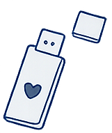 A cartoon-style USB flash drive with a heart symbol on it, and a square-shaped object nearby.