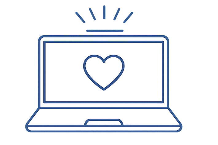 A digital drawing of a laptop with a heart symbol on the screen, and a clock showing 12:00 behind it.