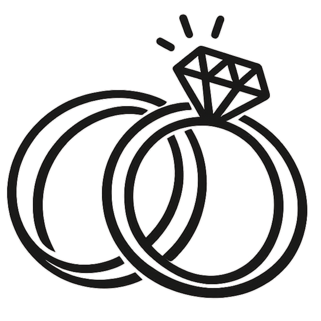 Outline drawing of two wedding rings, with one featuring a large diamond.