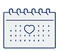 Line drawing of a calendar with a heart symbol in the center