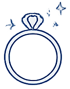 Outline of a ring with a large diamond on top, surrounded by smaller diamonds, all in a white and blue color scheme.
