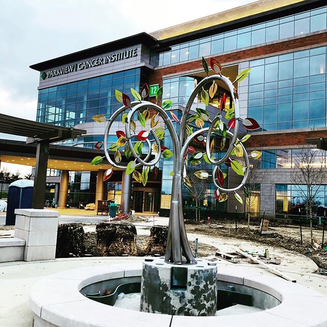 Just installed - stainless steel and fused glass contemplative garden tree for Parkview Cancer Center. Fountain is still under construction.#healingarts #healthcareart #treesculpture #stainlesssteelsculpture #stainlesssteeltree