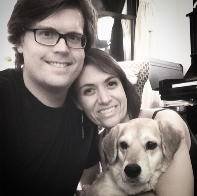 Winnie with her forever family, Scott and Christina @operayogadog 