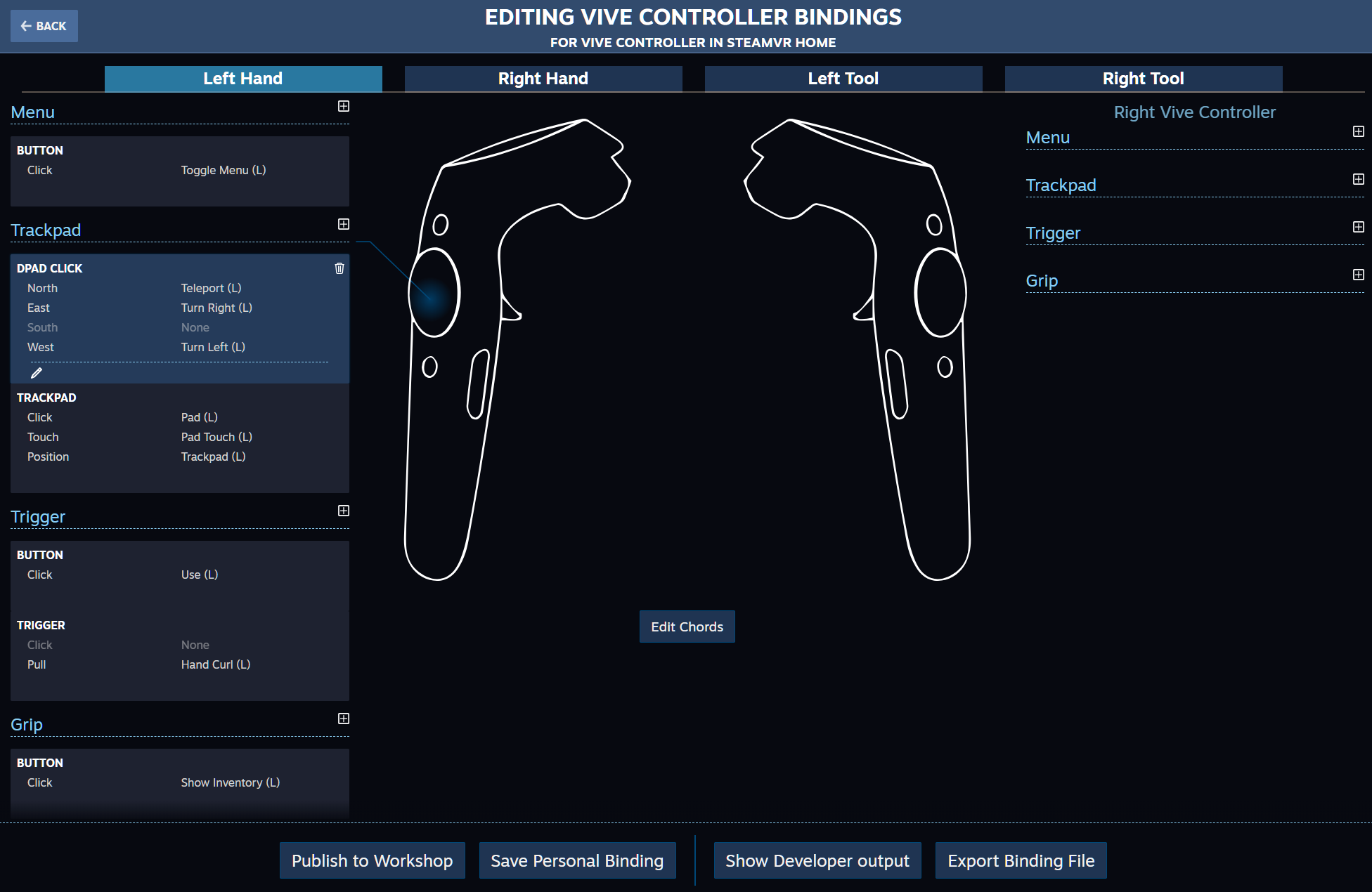 A screenshot of the SteamVR Input UI showing menus available to players of Virtual Reality games on Steam. Image is posted on a blog page for Digital Worlds VR arcade located in Franklin, Cool Springs Tennessee.