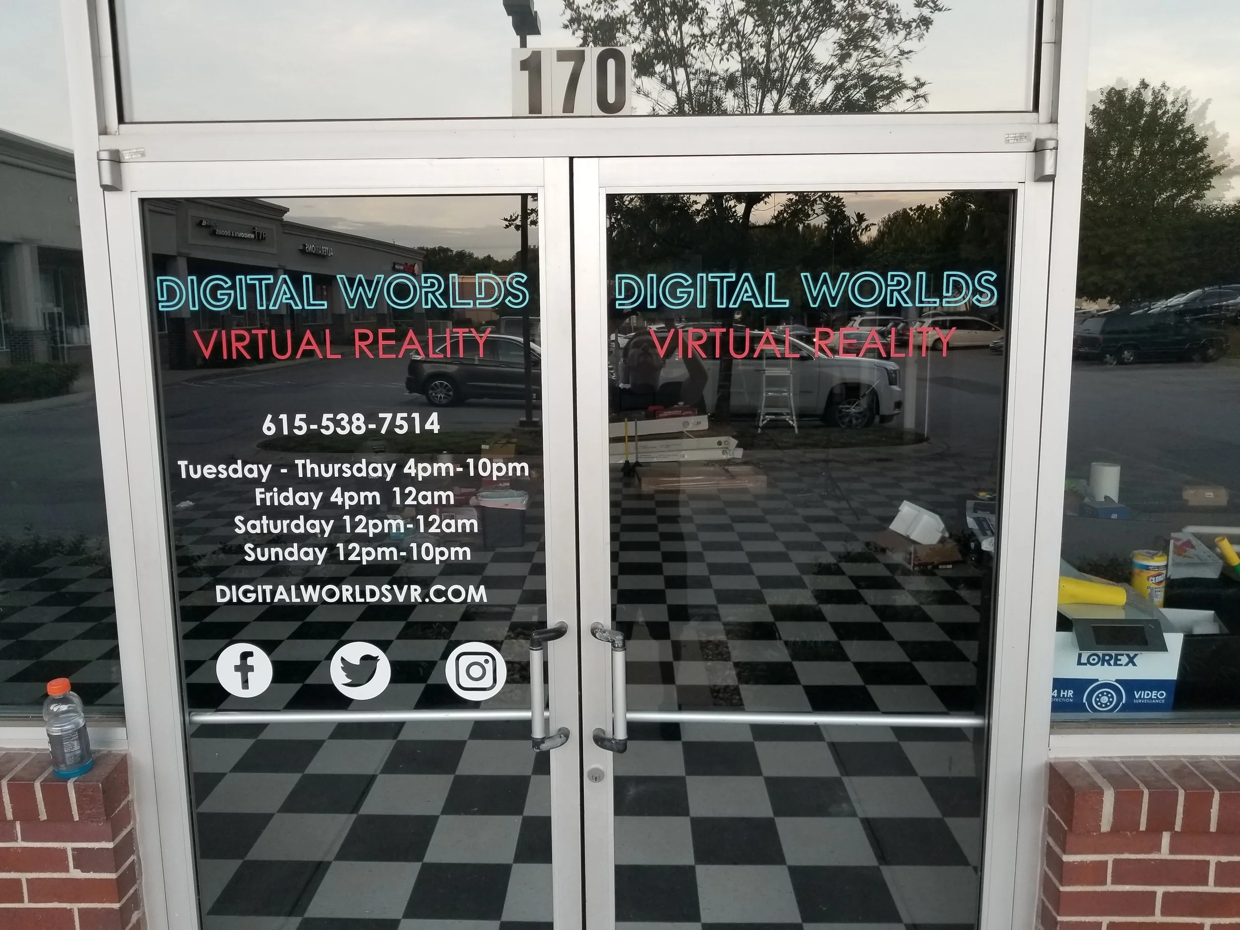 Image Showing Digital Worlds VR Arcade Door Signs With Virtual Reality Franklin Tennessee Open Hours