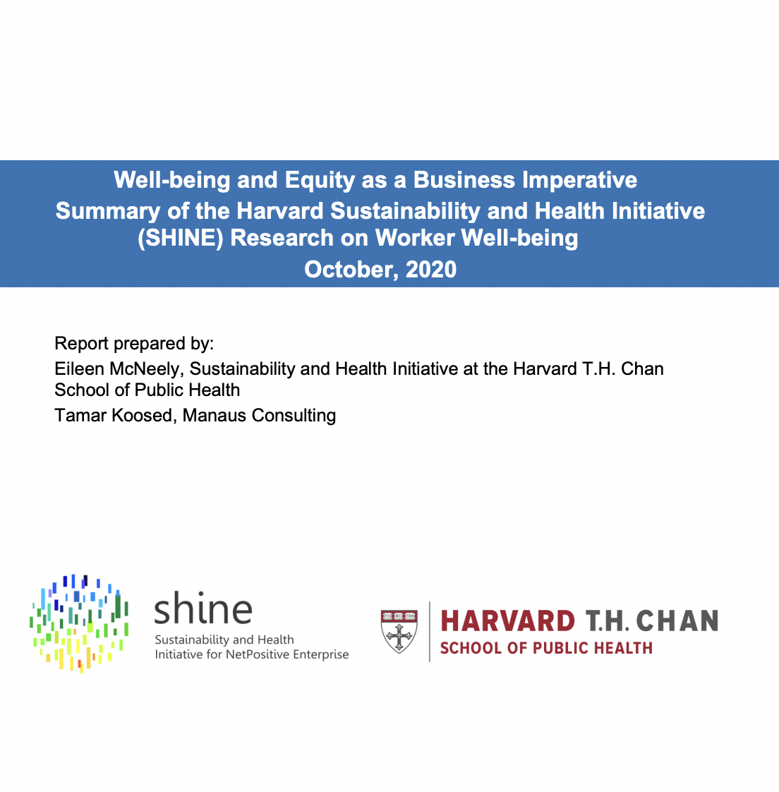 Well-Being and Equity as a Business Imperative: Summary of the Harvard Sustainability and Health Initiative (SHINE) Research on Worker Well-Being