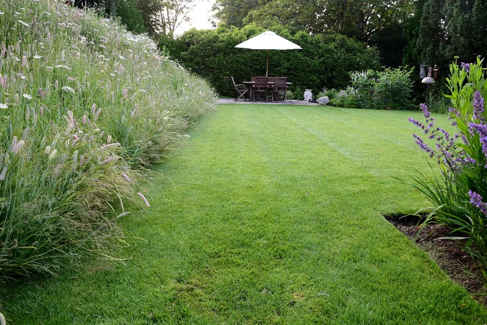 A long lawn runs between a wildflower bank and mixed border towards a shaded dining terrace in a Raynes Park garden. JaneShanksterGardenDesign.co.uk.

A crisp lawn draws the eye down the length of this terraced garden towards a parasol-shaded dining 