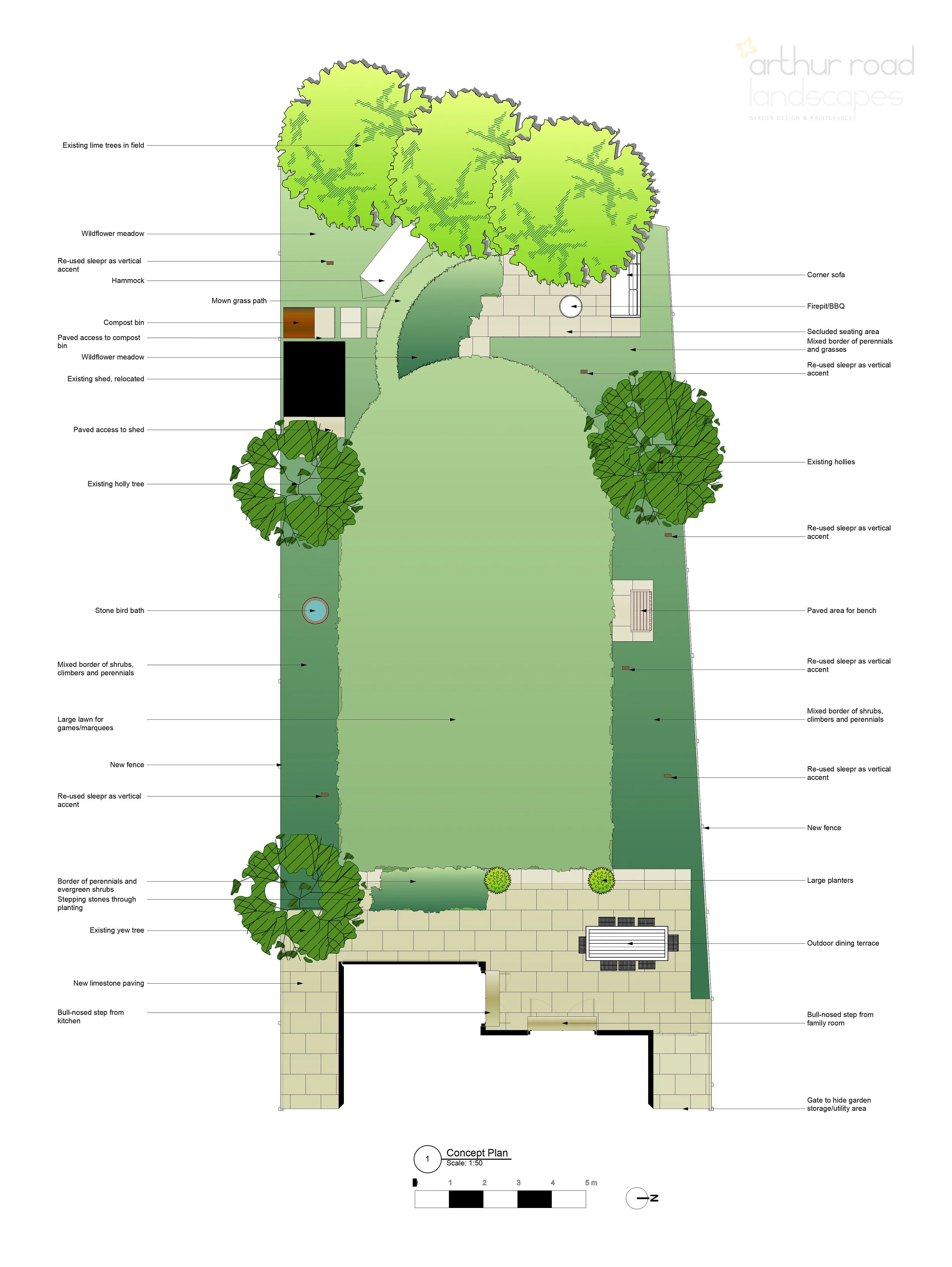 Concept plan drawing for a Raynes Park family garden, showing a large lawn, dining terrace, firepit and mixed borders. JaneShanksterGardenDesign.co.uk

 This concept plan sets out a family-friendly rear garden in Raynes Park, built around a generous 