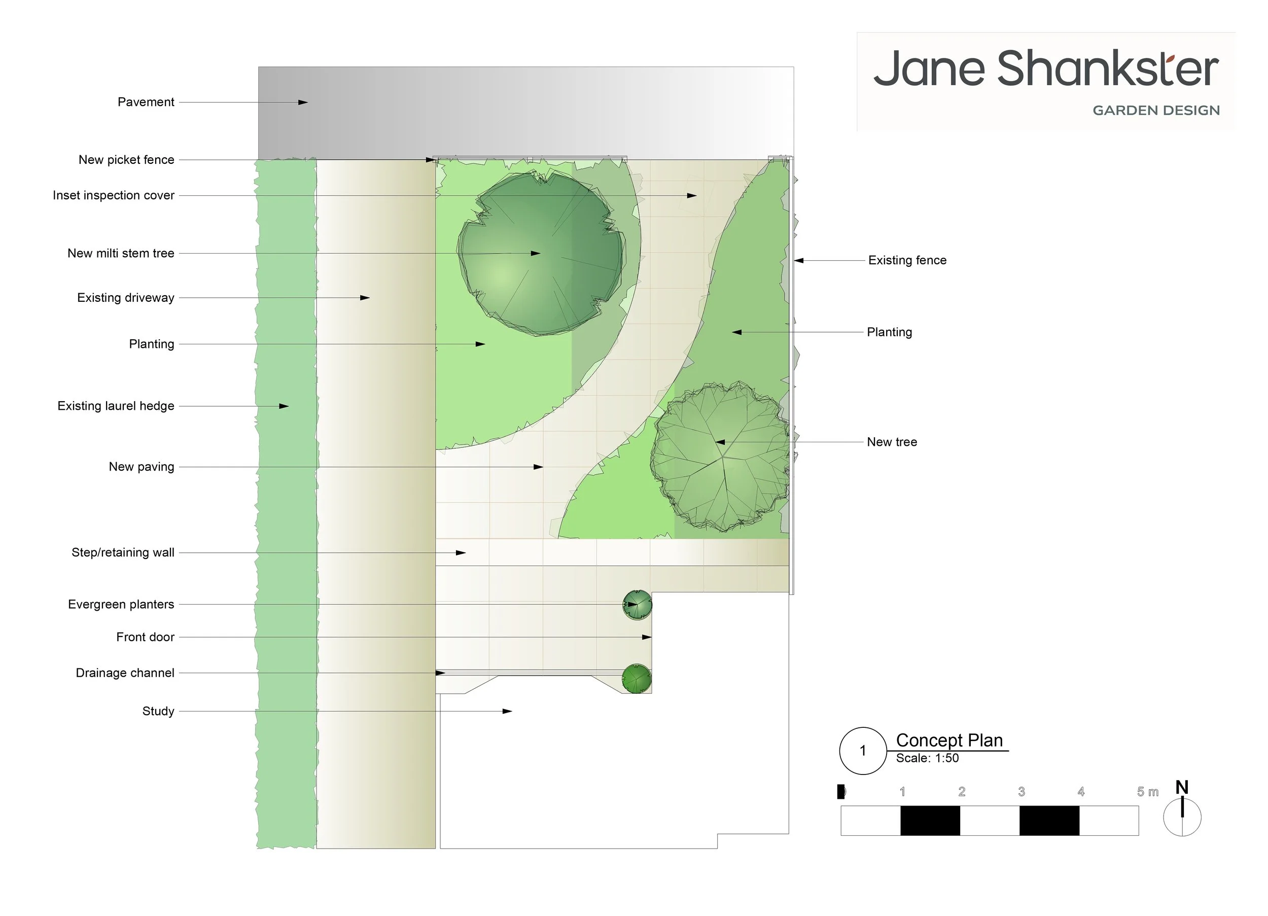 Scaled concept plan of a Raynes Park front garden showing new paving, planting and a multi-stem tree around a curved path

Concept plan for a front garden in Raynes Park, showing a curved path in new paving leading from the driveway to the front door
