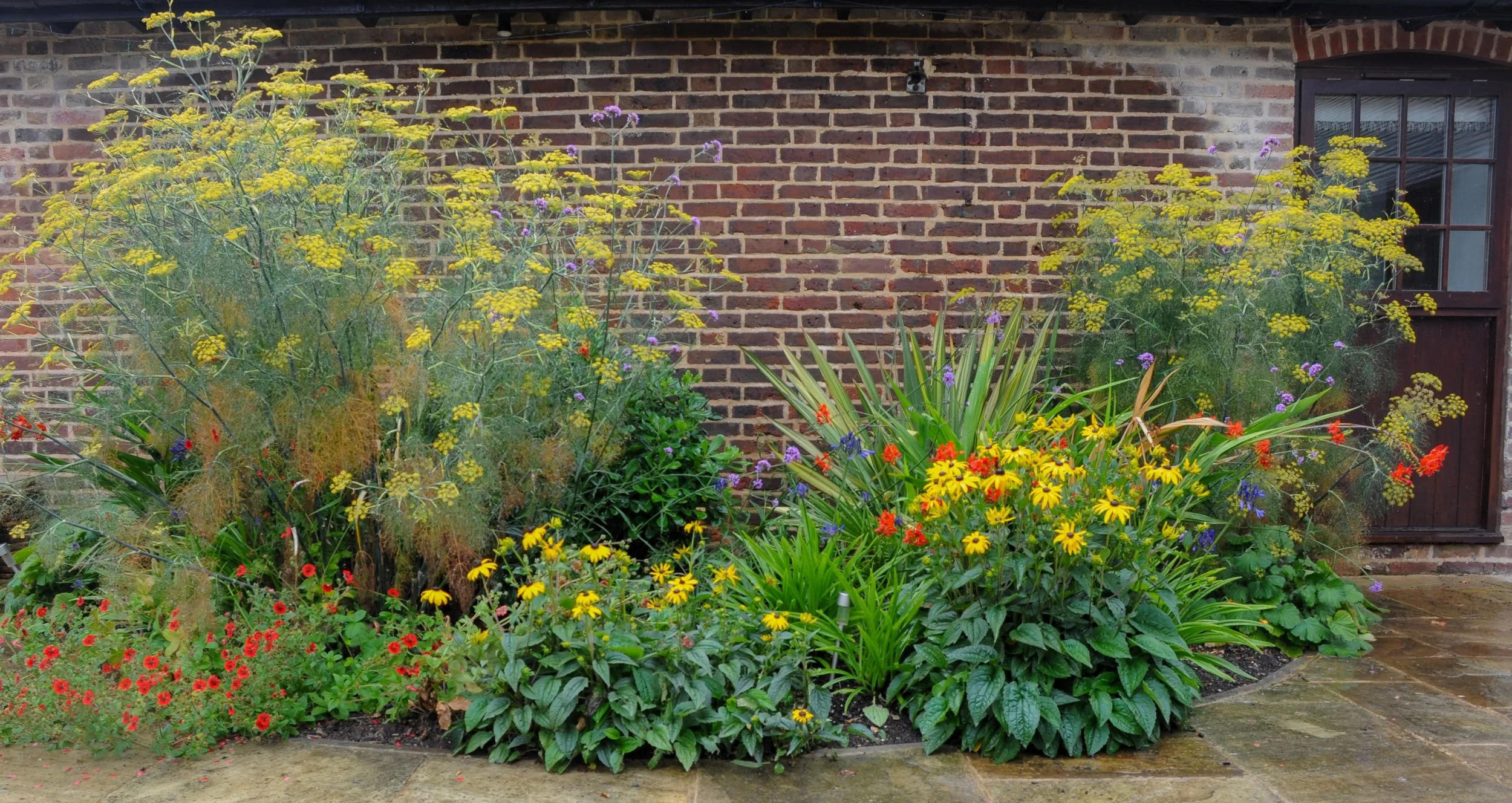 Fennel, crocosmia, rudbeckia and phormium create a hot-coloured courtyard border against a brick wall in Surrey. JaneShanksterGardenDesign.co.uk.

This courtyard border turns the heat up, bronze fennel, red crocosmia and golden rudbeckia layered toge