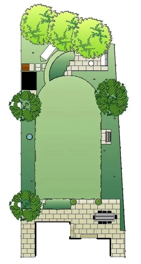 A top-down illustration of a backyard with a large lawn, multiple trees, a paved patio with a table and chairs, a small round water feature, and a staircase leading to a higher level with steps and a pathway.