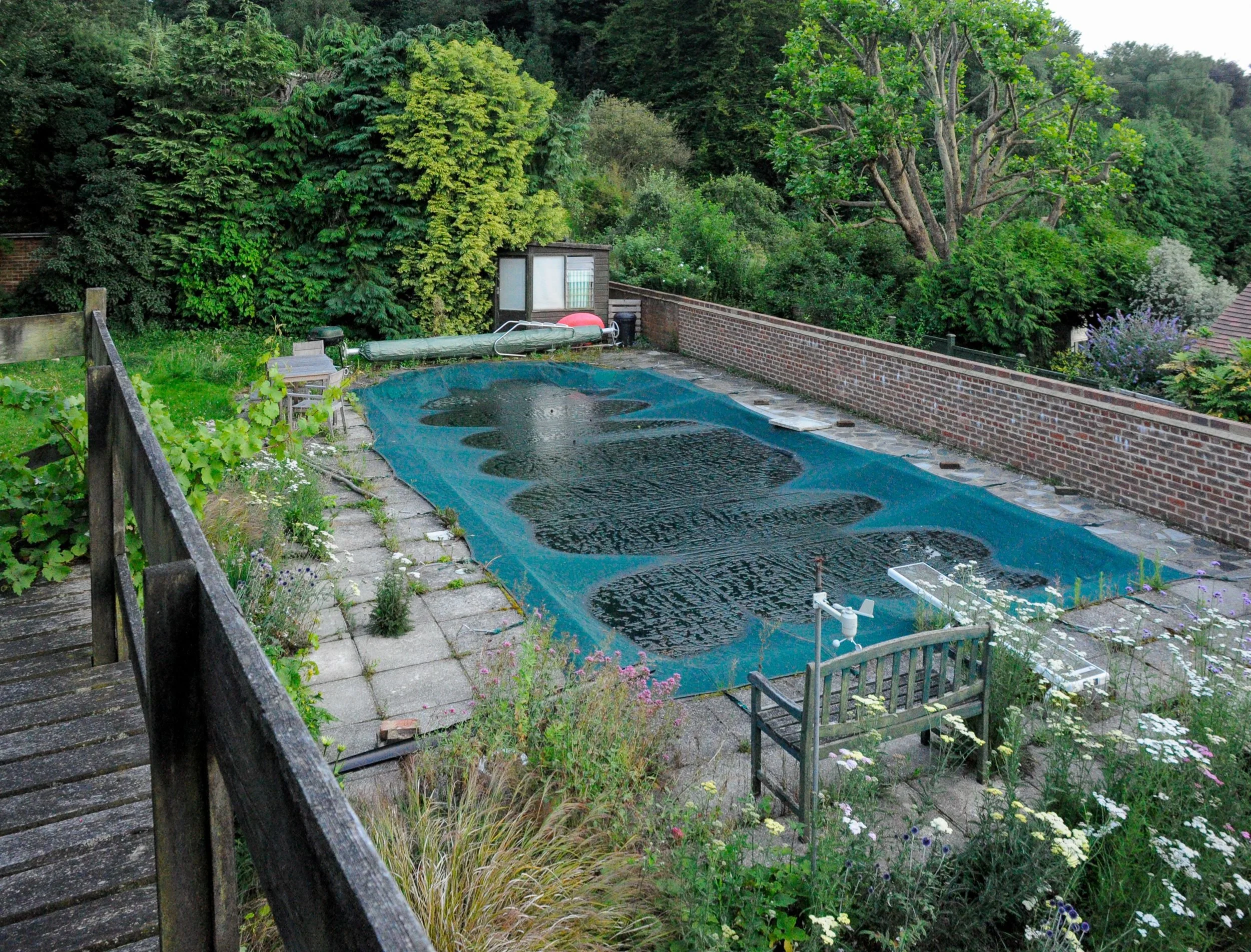A Surrey garden before its redesign, with a disused swimming pool covered by an algae-stained tarpaulin. JaneShanksterGardenDesign.co.uk

Before the transformation, the garden was dominated by a neglected swimming pool under a worn, algae-covered cov