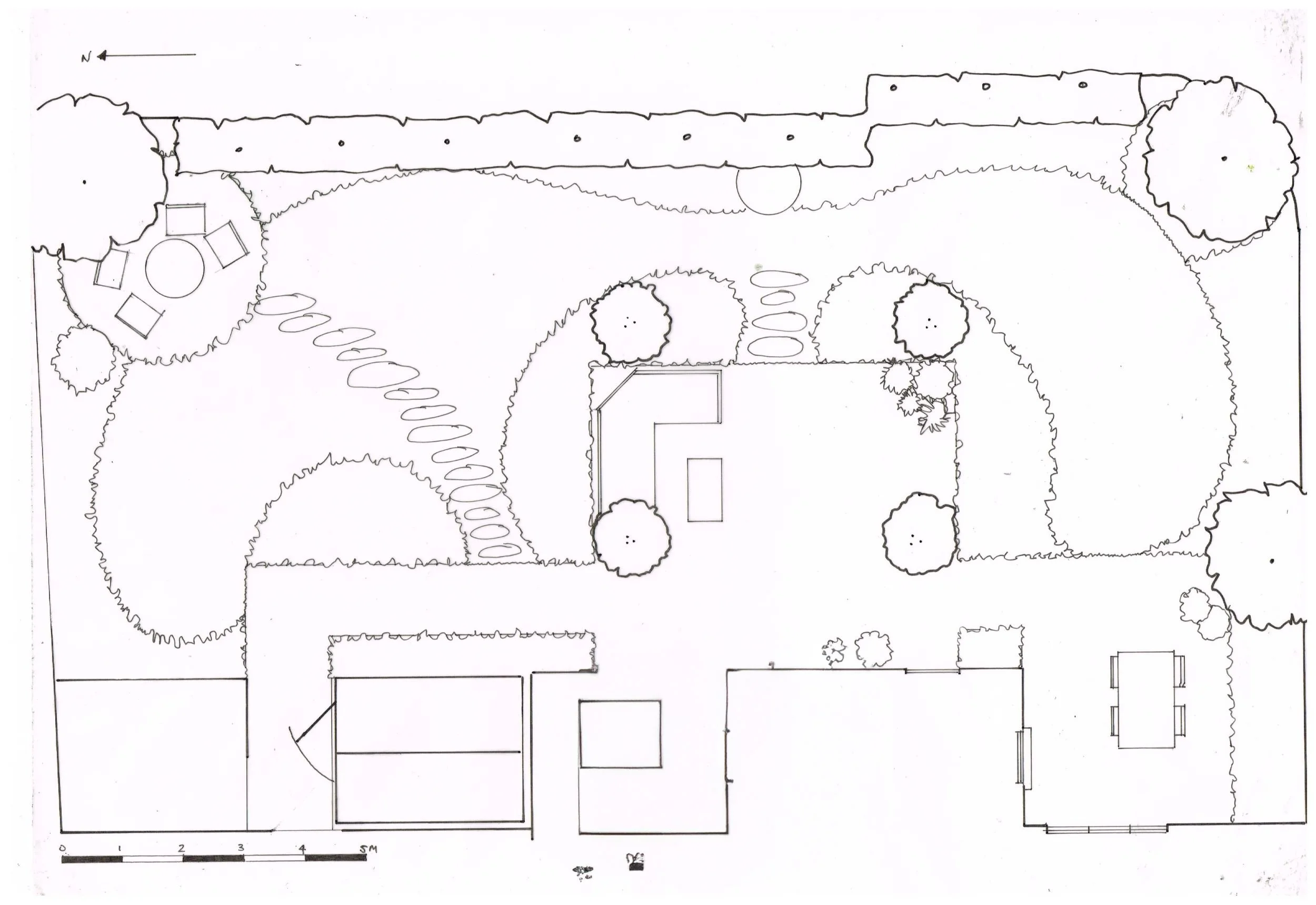 Revised line-drawn masterplan of the garden layout, showing the terrace, lawn shape, borders and paths.