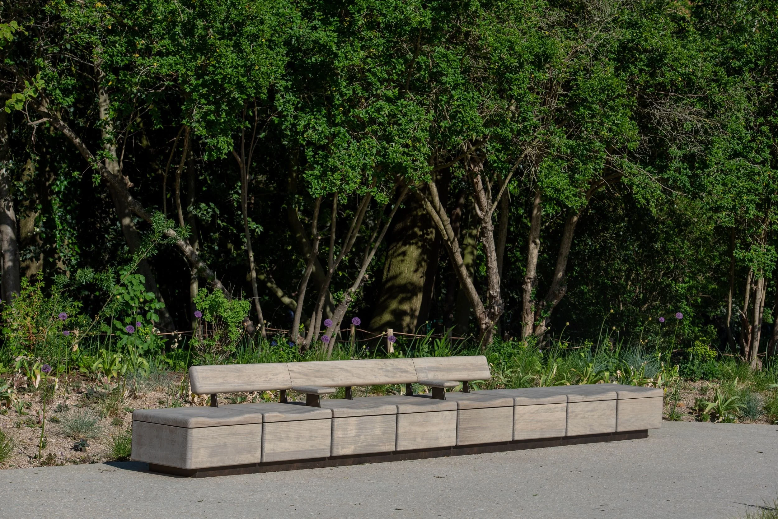 Long modular timber bench seating unit set against woodland planting in the Queen Elizabeth II Garden