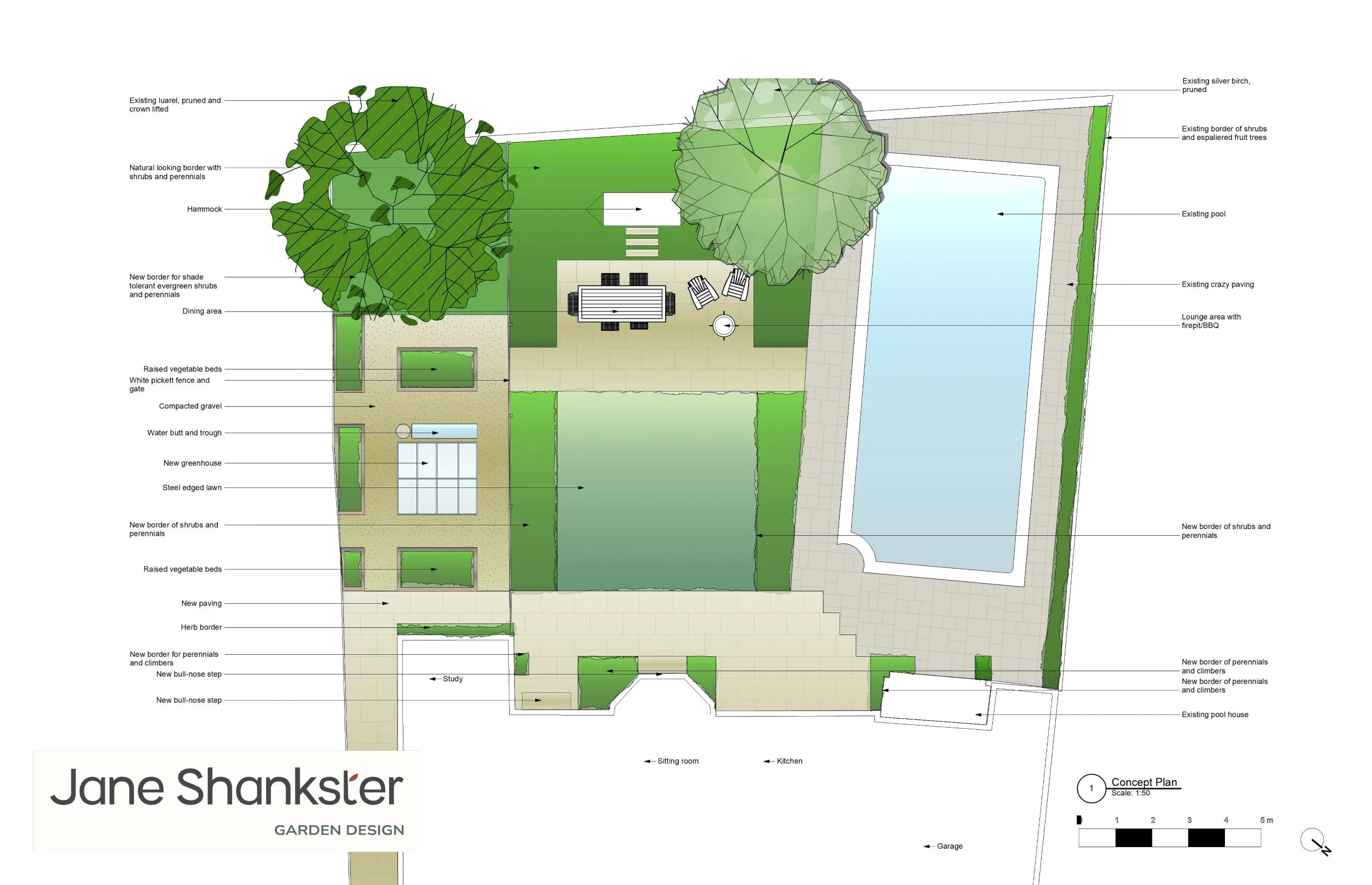 Design for a large Wimbledon Village garden, showing a swimming pool, dining and lounge terrace, kitchen garden and steel-edged lawn. JaneShanksterGardenDesign.co.uk

This garden design sets out a generously proportioned Wimbledon Village garden orga