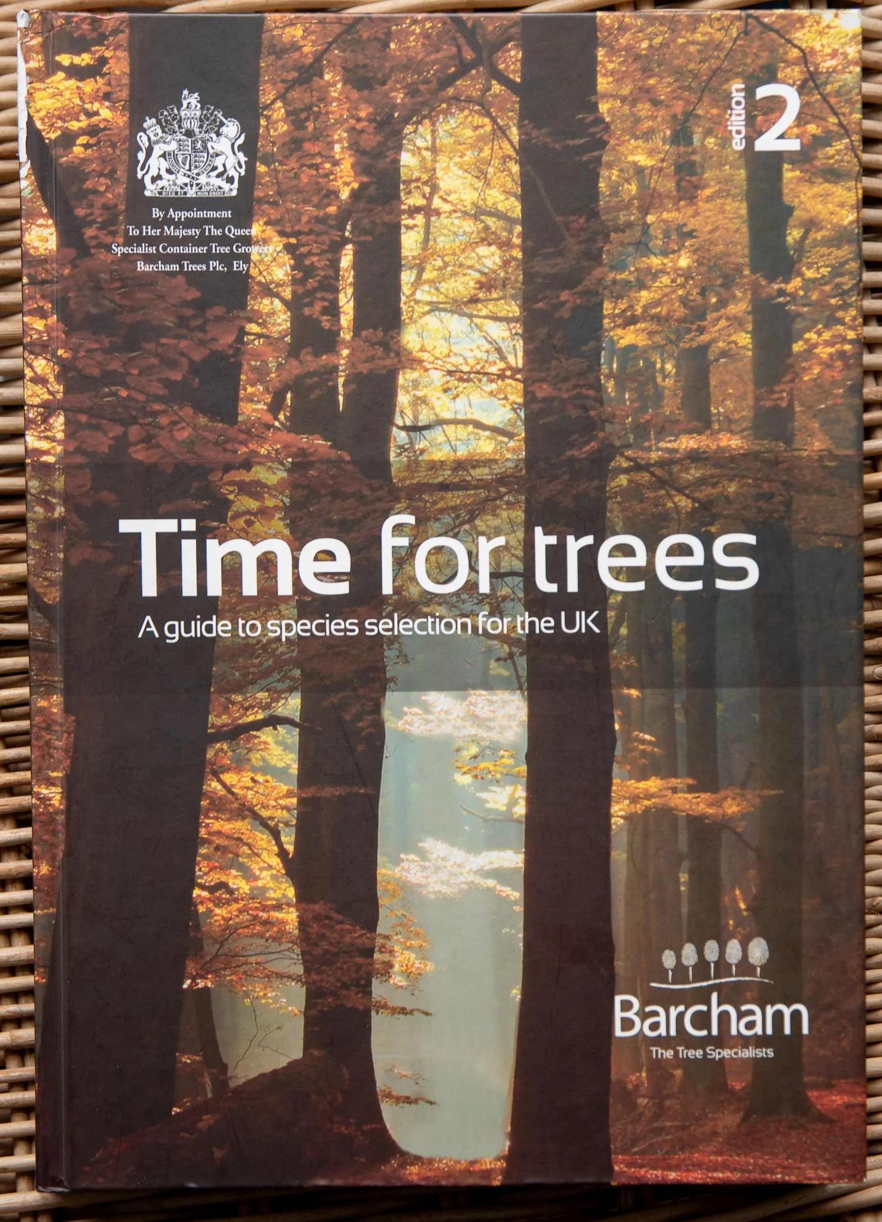 Book cover of Time for Trees by Barcham Trees, showing golden autumn woodland with sunlight filtering between the trunks.