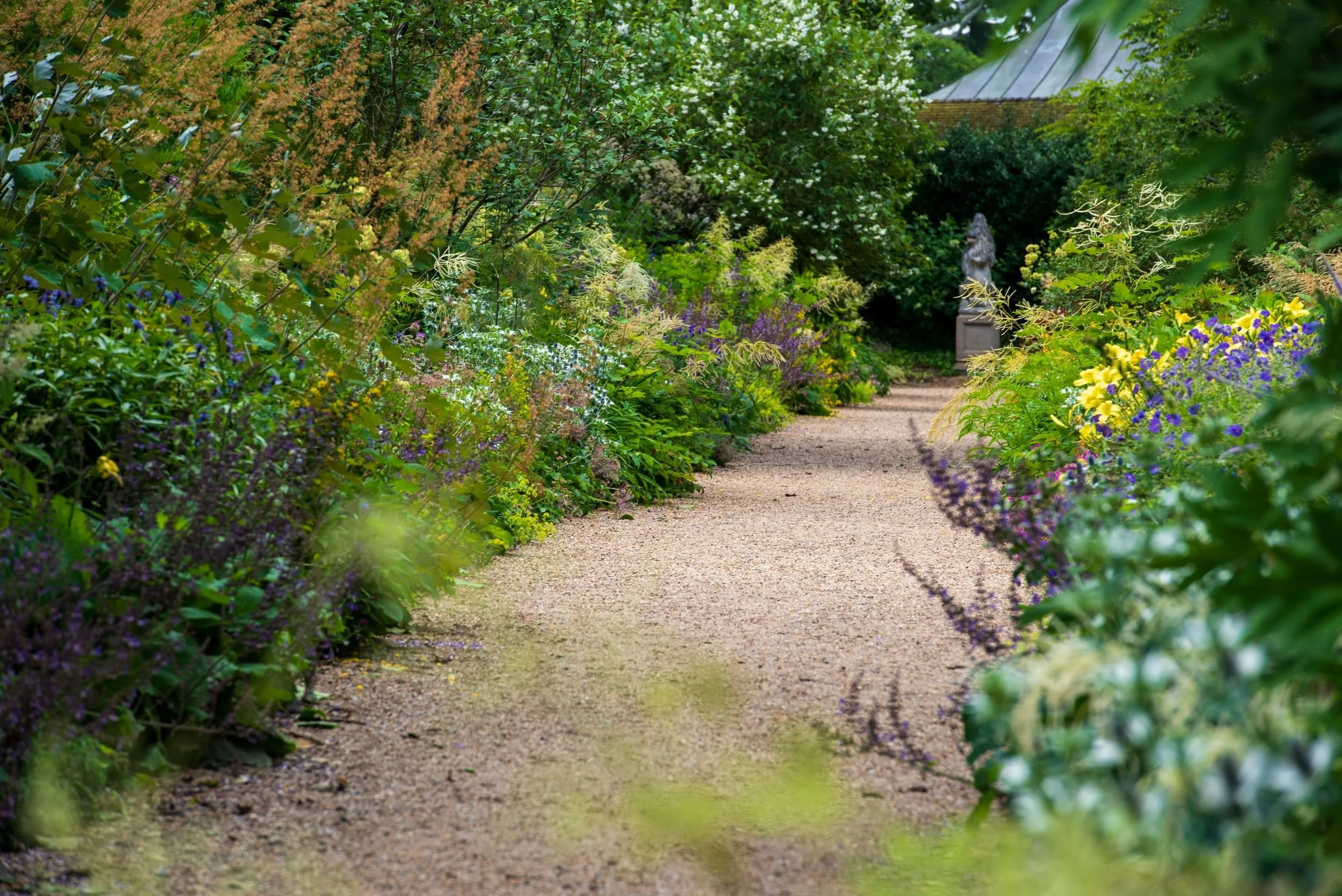 Gravel path through deep summer borders at Nymans, planted with astilbe, geraniums and daylilies, leading to a stone statue.