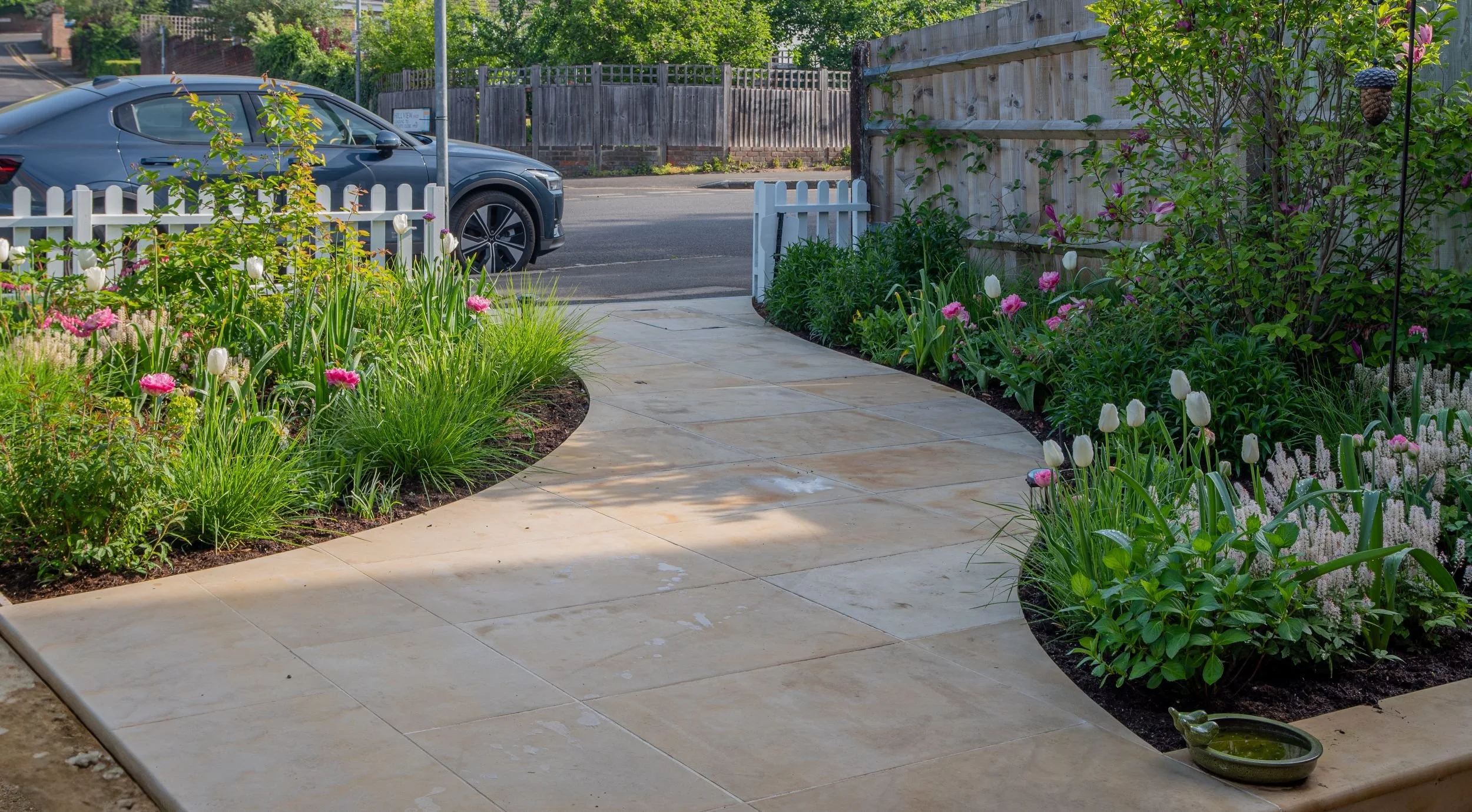 A Raynes Park front garden with a curved sandstone path, tulip and grass borders, and a white picket fence onto the street. JaneShanksterGardenDesign.co.uk

The curved sandstone path leads from the front door down to a white picket fence, flanked by 