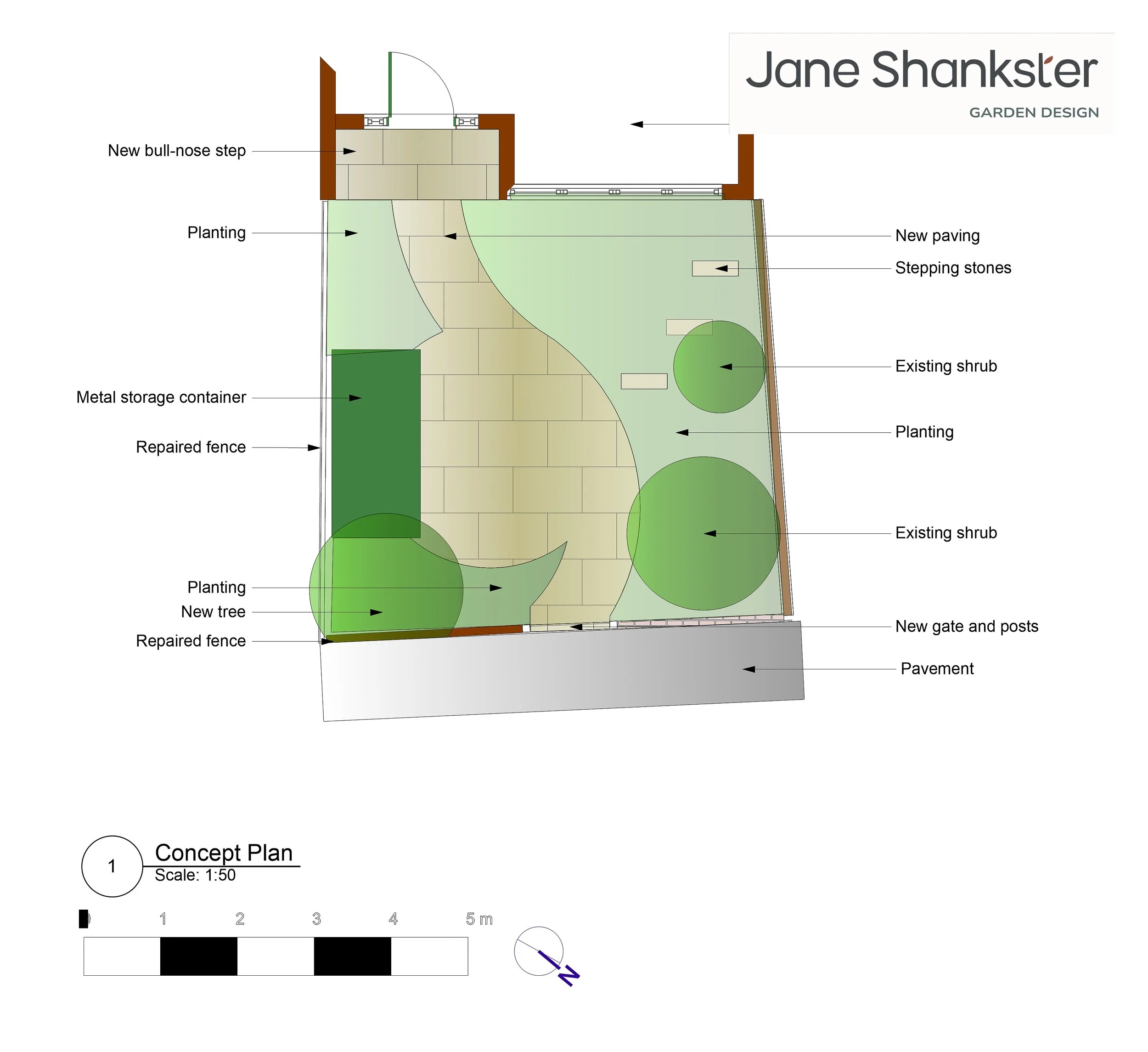Garden design masterplan drawing for a Wandsworth front garden by Arthur Road Landscapes. Designed by JaneShanksterGardenDesign.co.uk

The scaled masterplan drawing showing the new paving, planting beds, stepping stones, storage container position an