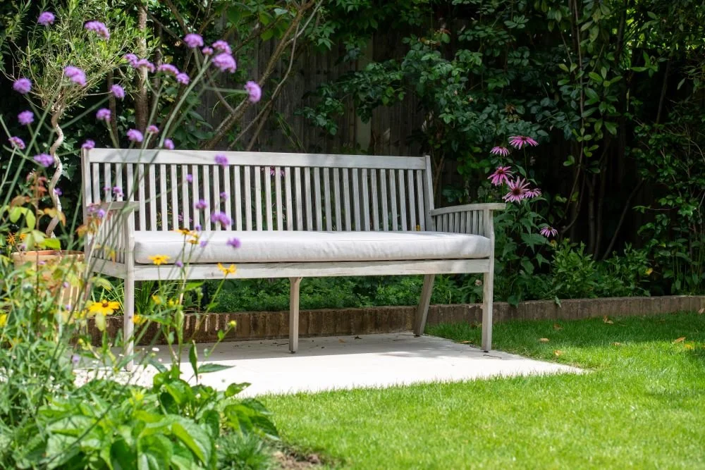 Wooden bench on a terrace beside verbena, echinacea and rudbeckia in a Wimbledon garden

A simple wooden bench set on a paved terrace, framed by verbena bonariensis, echinacea and rudbeckia — a peaceful seating spot within the naturalistic planting o