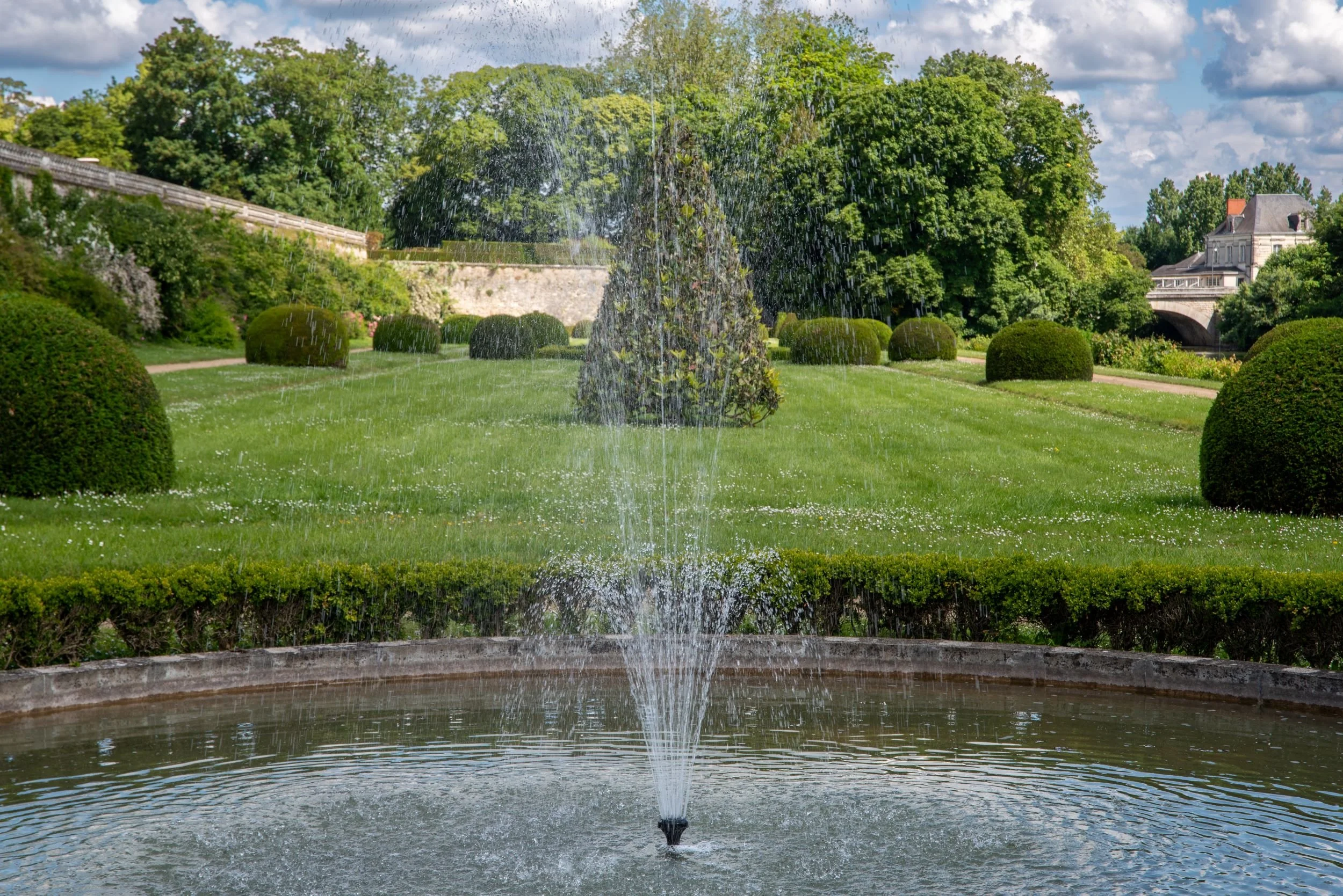 Fountain jet in a stone pool at Château du Lude, with clipped topiary domes and a wildflower-studded lawn behind