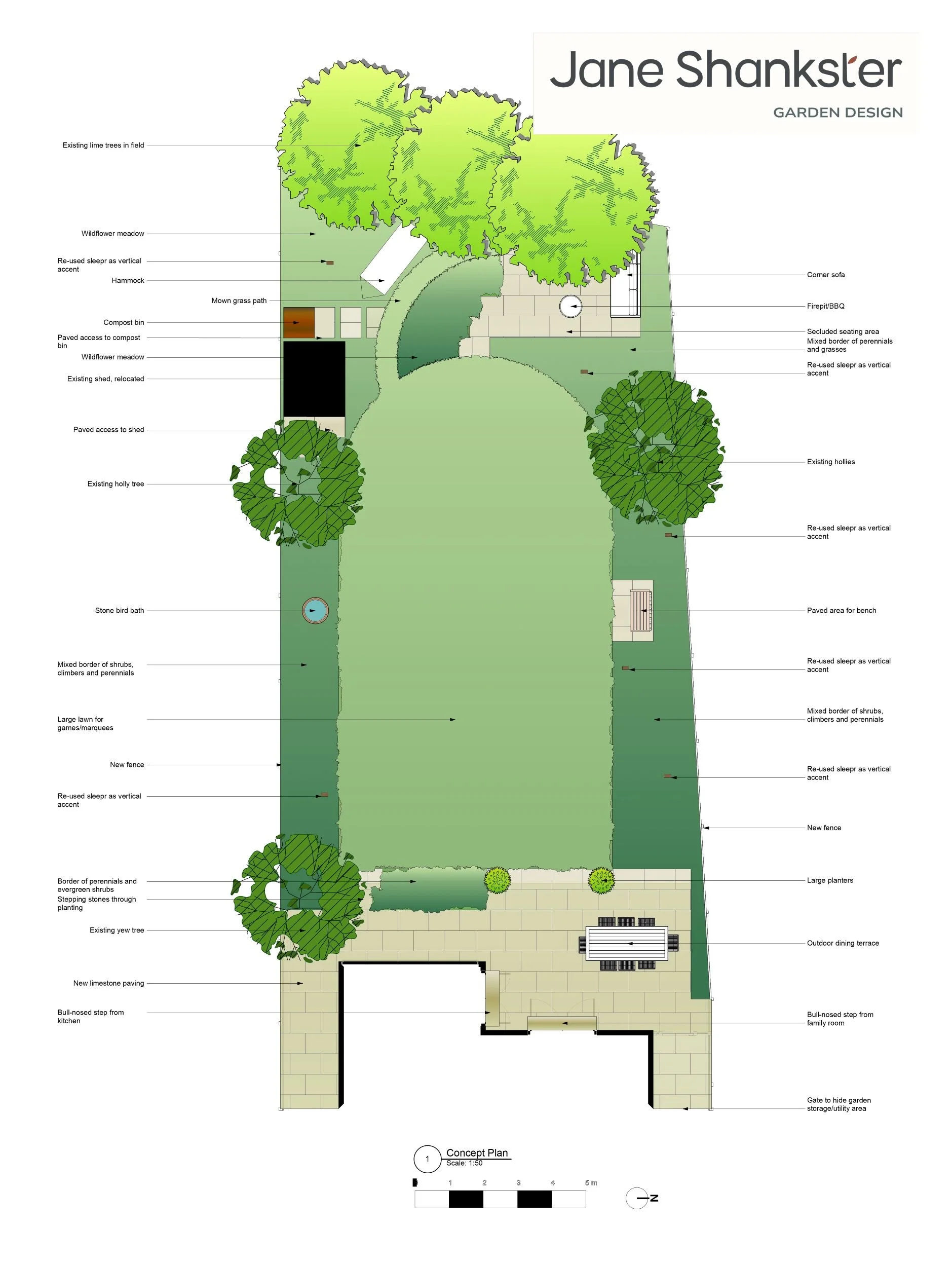 Concept plan drawing for a Raynes Park family garden, showing a large lawn, dining terrace, firepit and mixed borders. JaneShanksterGardenDesign.co.uk

 This concept plan sets out a family-friendly rear garden in Raynes Park, built around a generous 