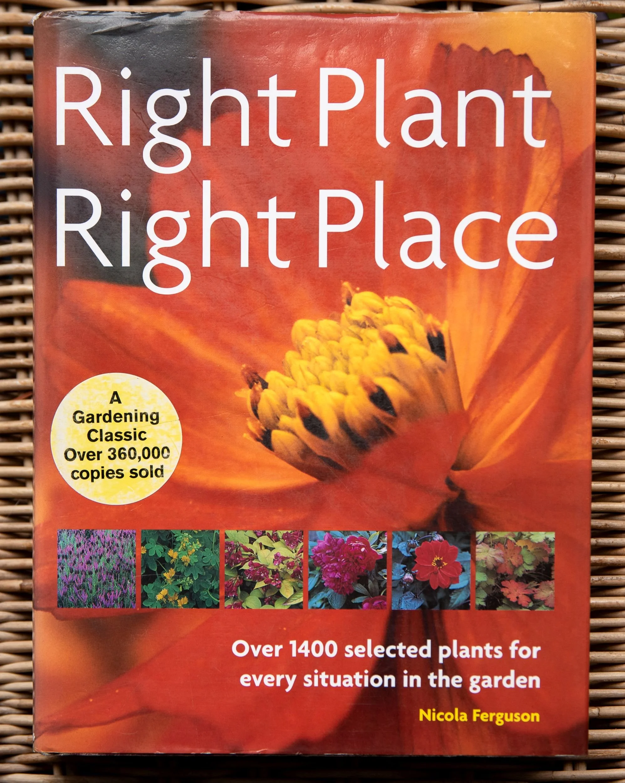 Book cover of Right Plant Right Place by Nicola Ferguson, showing a close-up orange flower above a row of six smaller plant photographs.