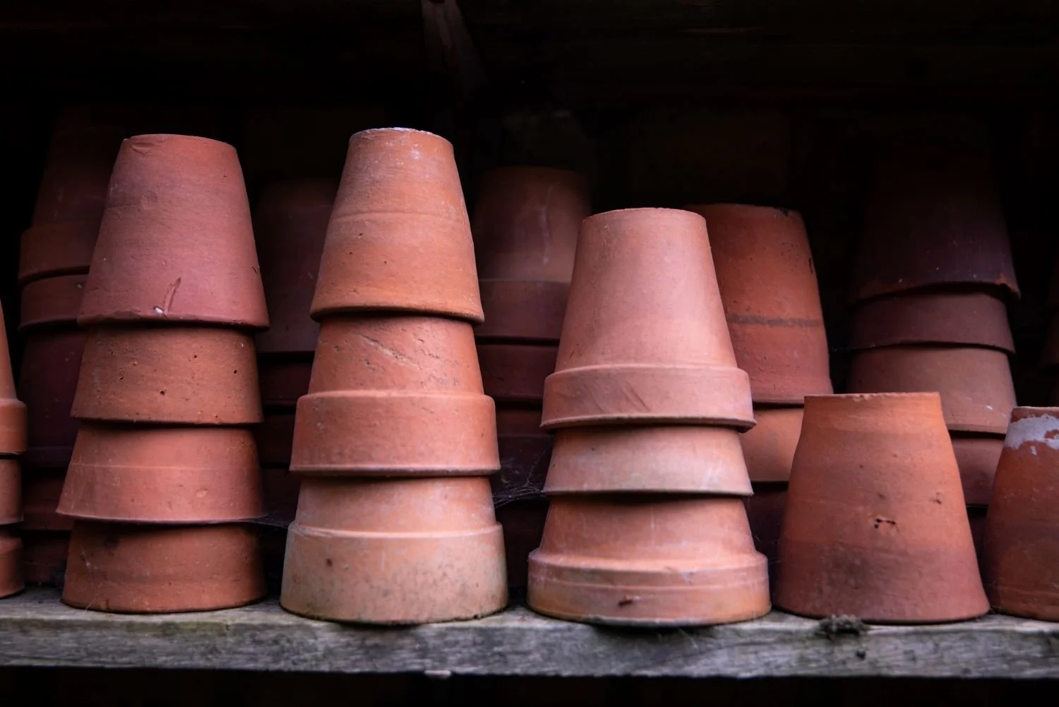 Stacks of weathered terracotta plant pots of varying sizes, stored upside down on a wooden shelf.