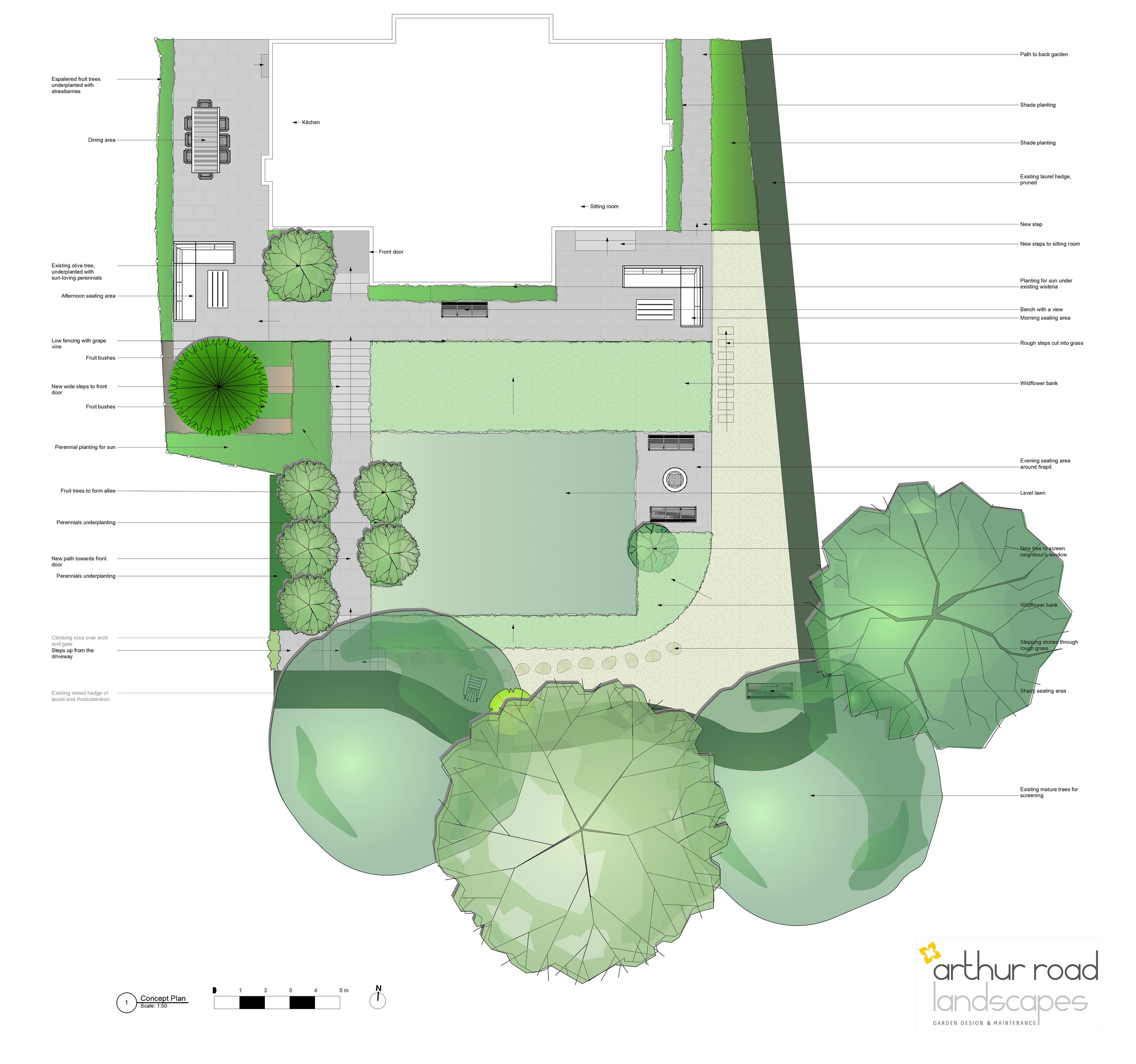 Concept plan for a terraced Raynes Park garden, showing multiple seating areas, a fruit tree allee, wildflower banks and a firepit lawn. JaneShanksterGardenDesign.co.uk

This concept plan sets out a series of linked terraces for a sloping Raynes Park