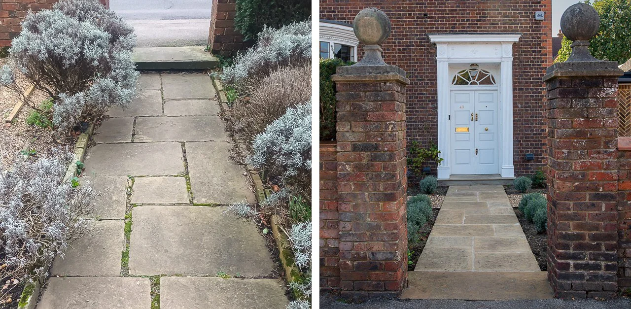 Before and after photos of a front path: old mossy York stone slabs beside lavender cotton, and the same stone relaid to a front door.