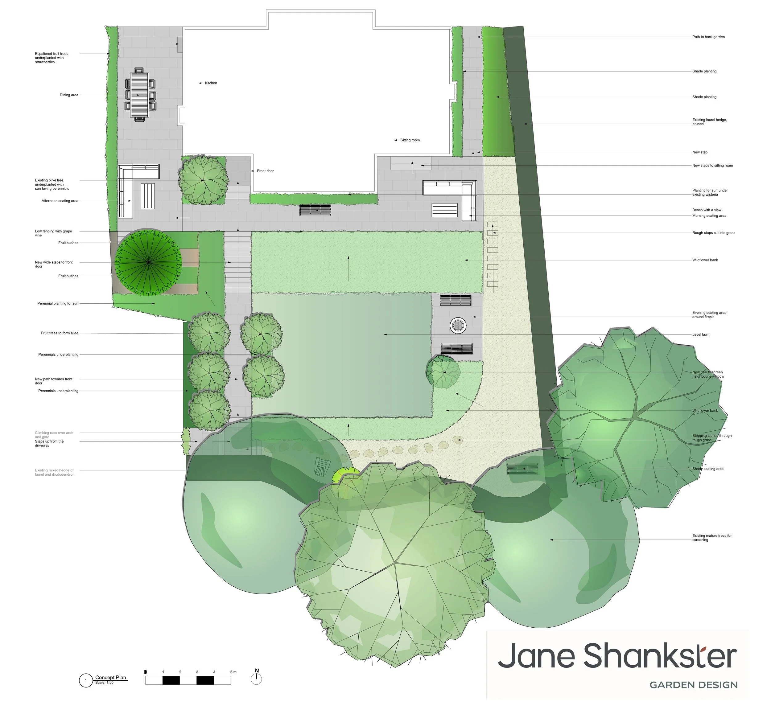 Concept plan for a sloping, terraced Raynes Park garden, showing multiple seating areas, a fruit tree allee, wildflower banks and a firepit lawn. JaneShanksterGardenDesign.co.uk

This concept plan sets out a series of linked terraces for a sloping Ra