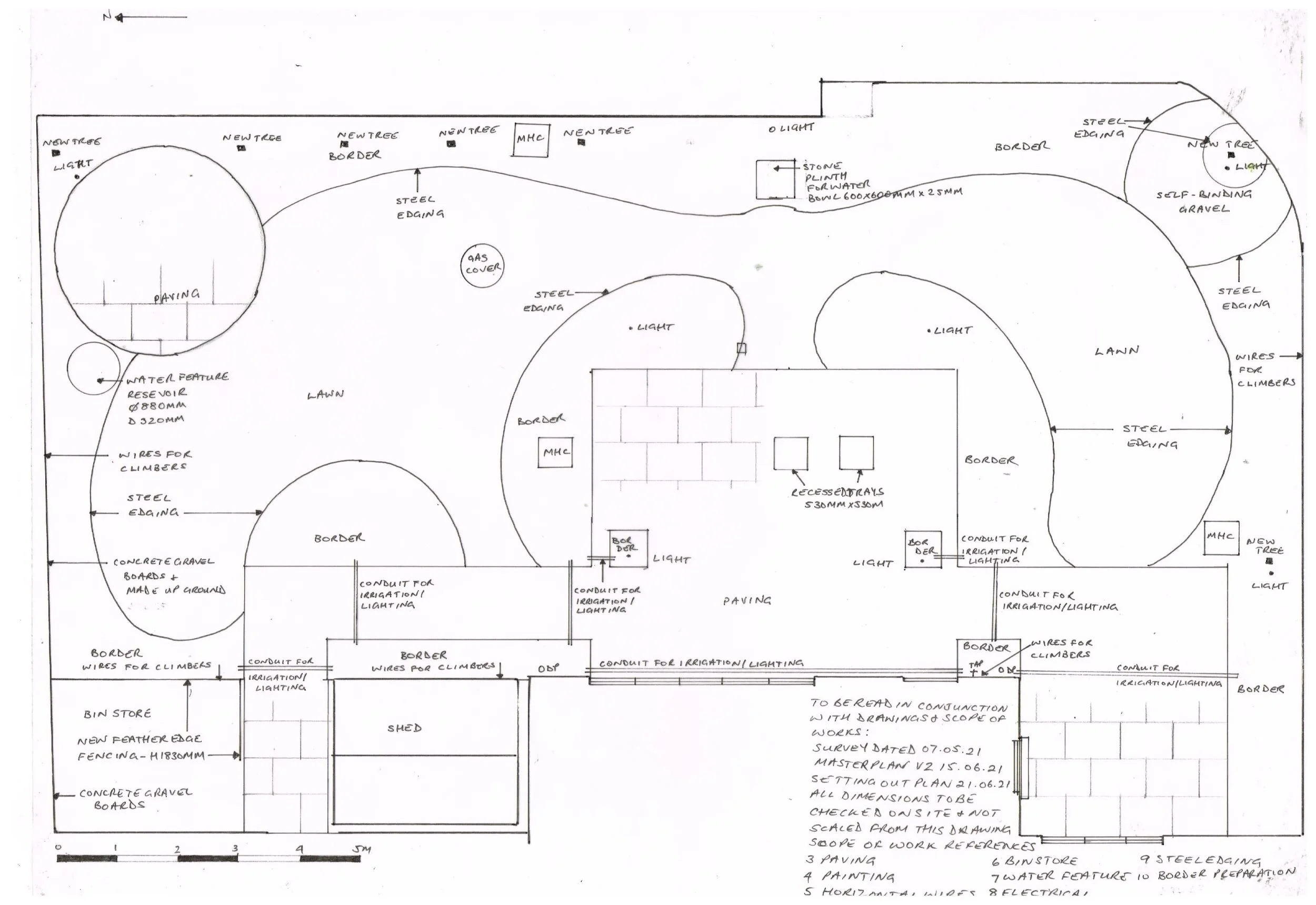 Detailed technical garden plan showing dimensions, steel edging, lighting, irrigation conduits and paving layout.