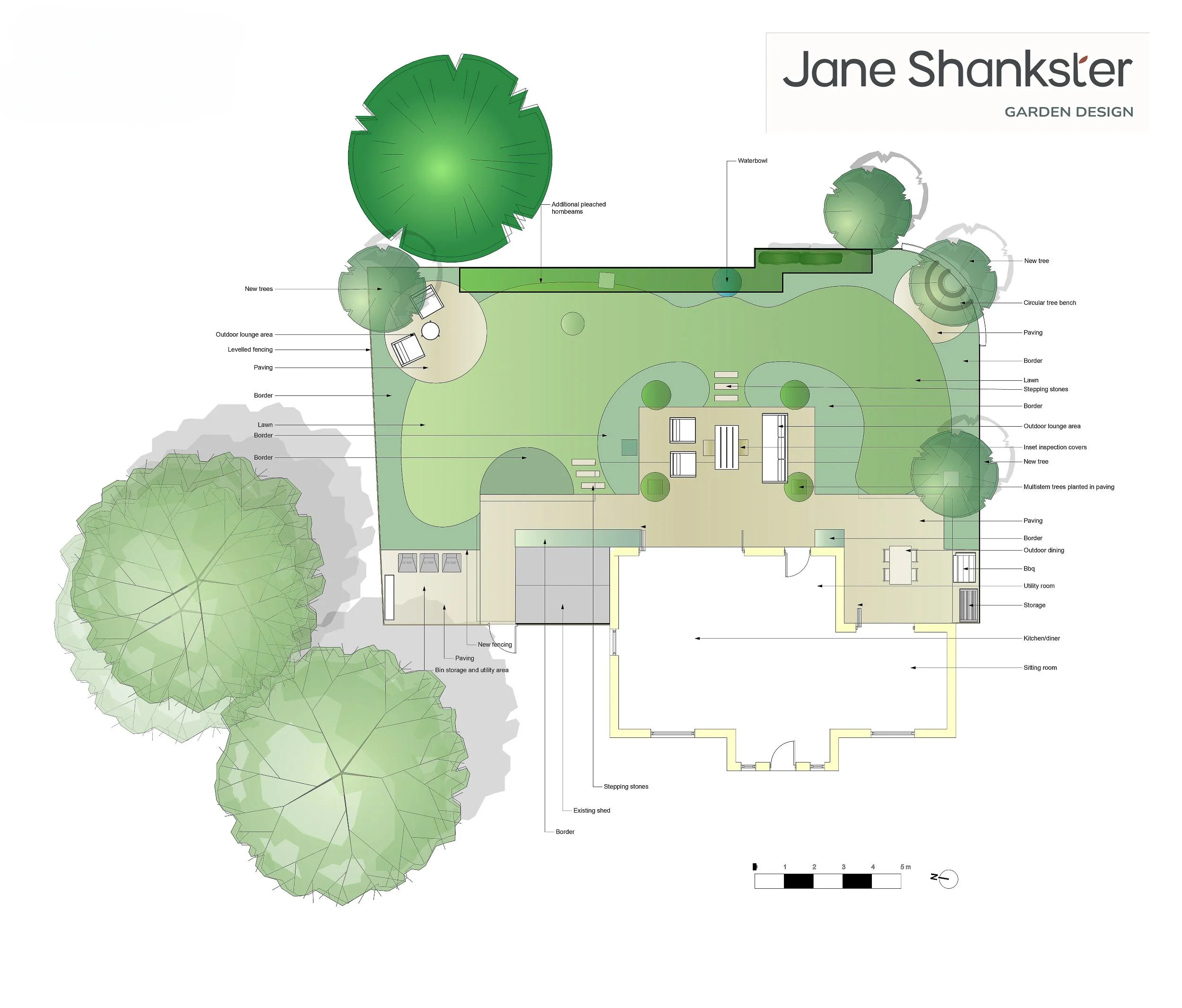 A bare lawn behind a new-build house in Surrey before garden design work began, with exposed inspection covers, a small patio area, timber shed and garage, and minimal boundary planting. JaneShanksterGardenDesign.co.uk

This is where the project bega