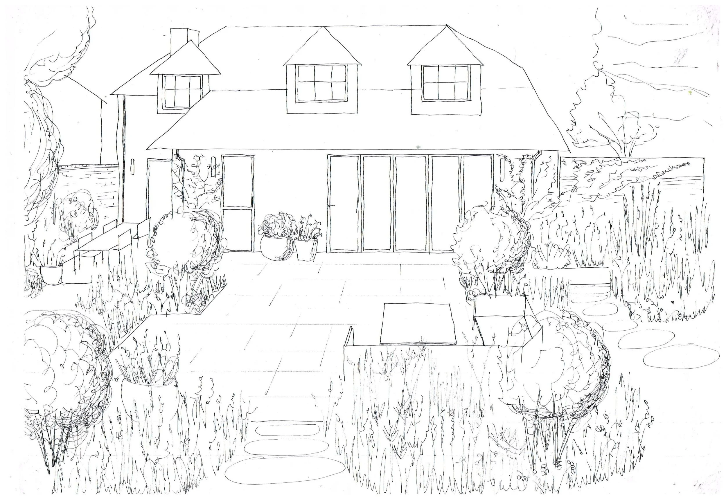 Hand-drawn pen sketch of a house's rear elevation showing bifold doors, a terrace, planting borders and a stepping-stone path.